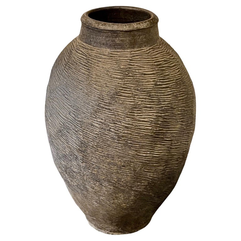 Weathered Brown Rib Textured Earthenware Vase, China, Contemporary For Sale