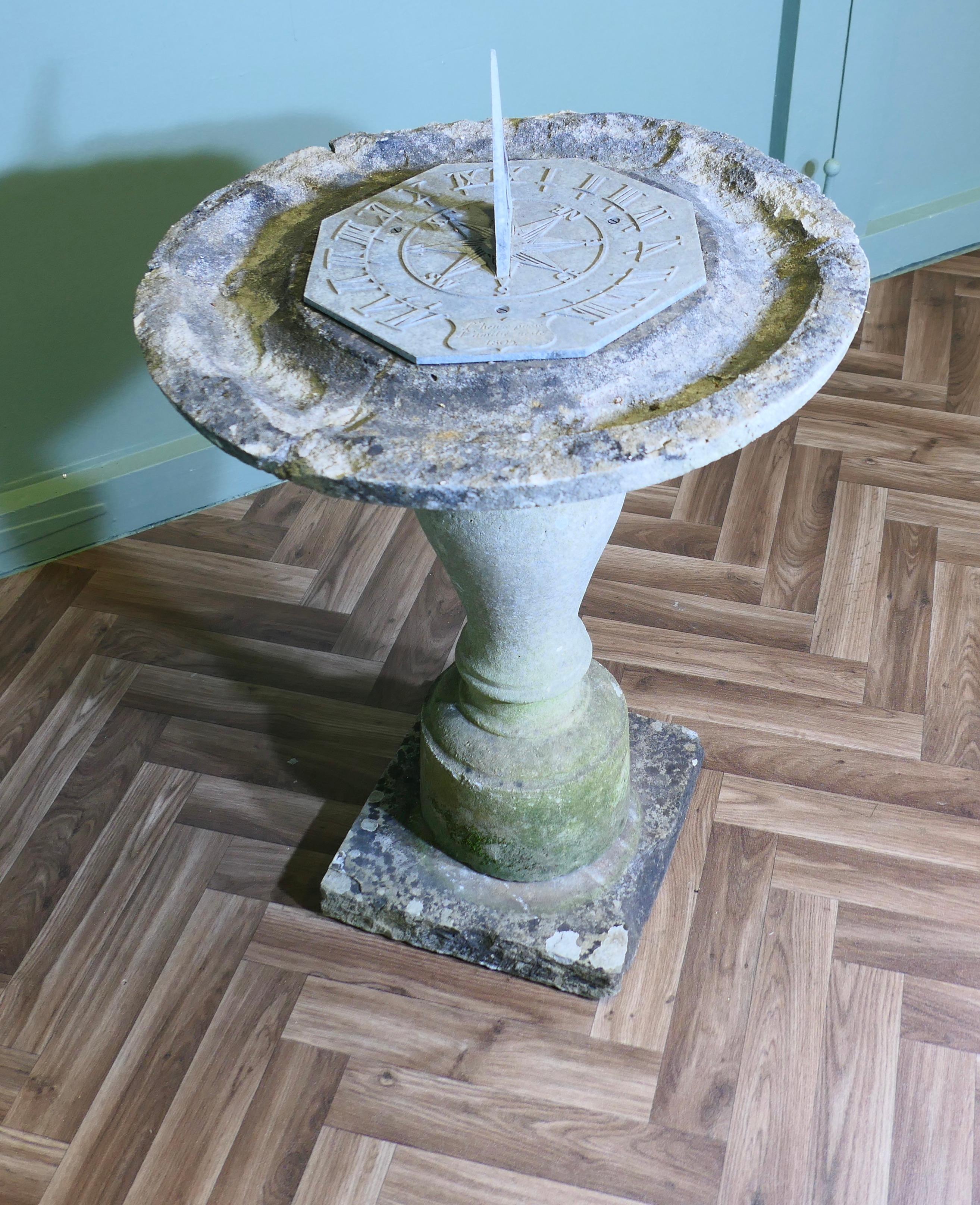 Folk Art Weathered Carved Stone Bird Bath, Sun Dial