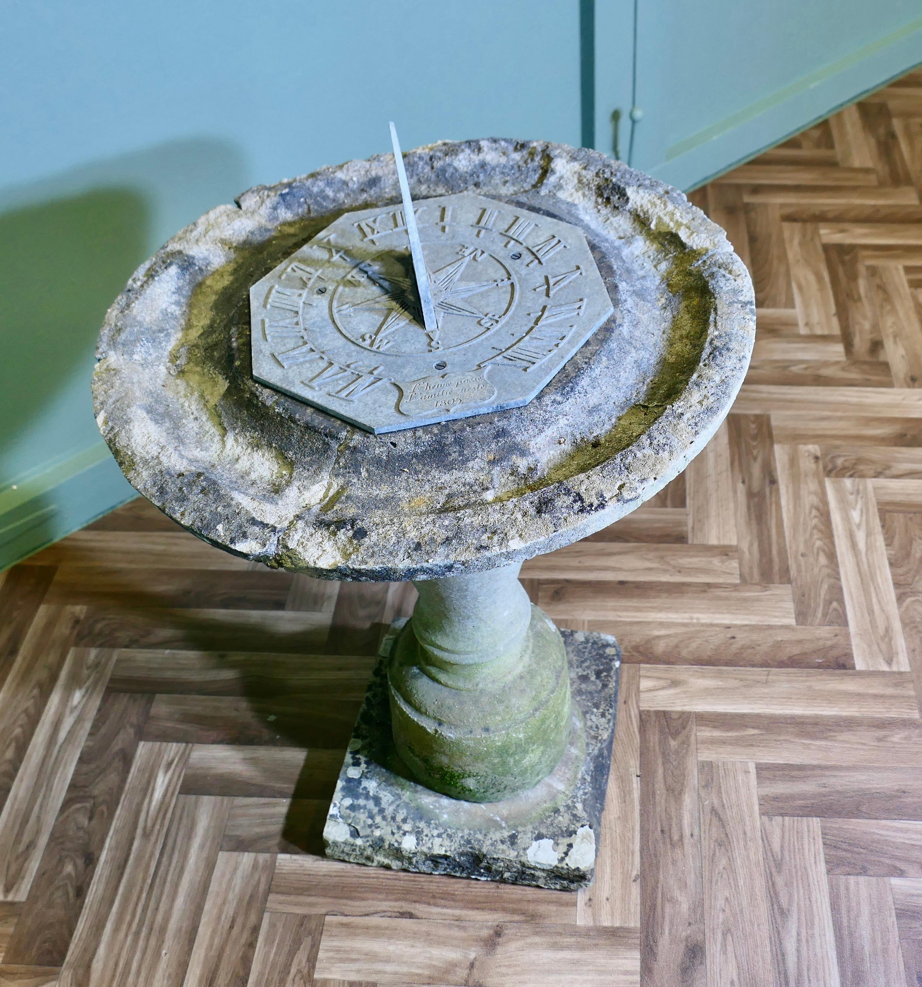 Early 19th Century Weathered Carved Stone Bird Bath, Sun Dial
