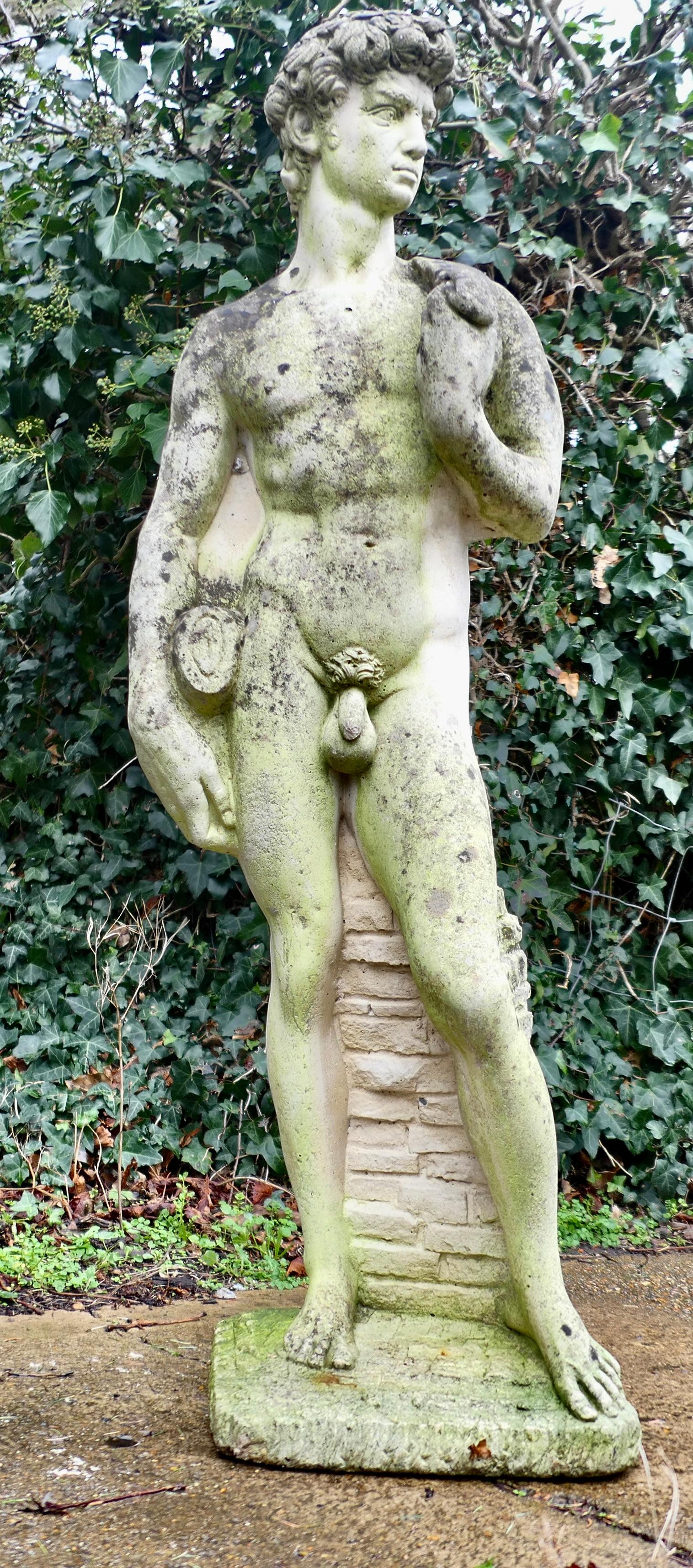 Weathered Cast Statue of Michelangelo's David  

A lovely piece for the garden, a full body statue celebrating “David”, holding his slingshot over his left shoulder
The State is weather worn and has very attractive aged patination, it is in good