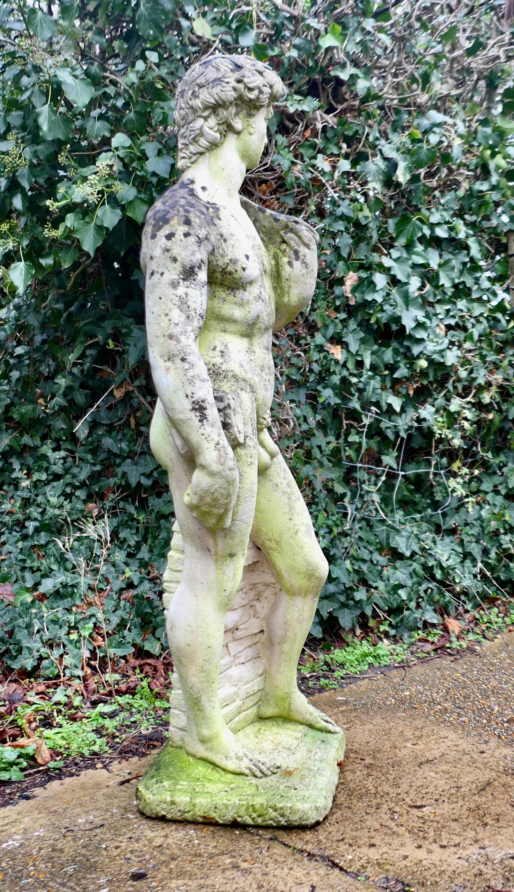 Neoclassical Weathered Cast Statue of Michelangelo's David A lovely piece for the garden For Sale