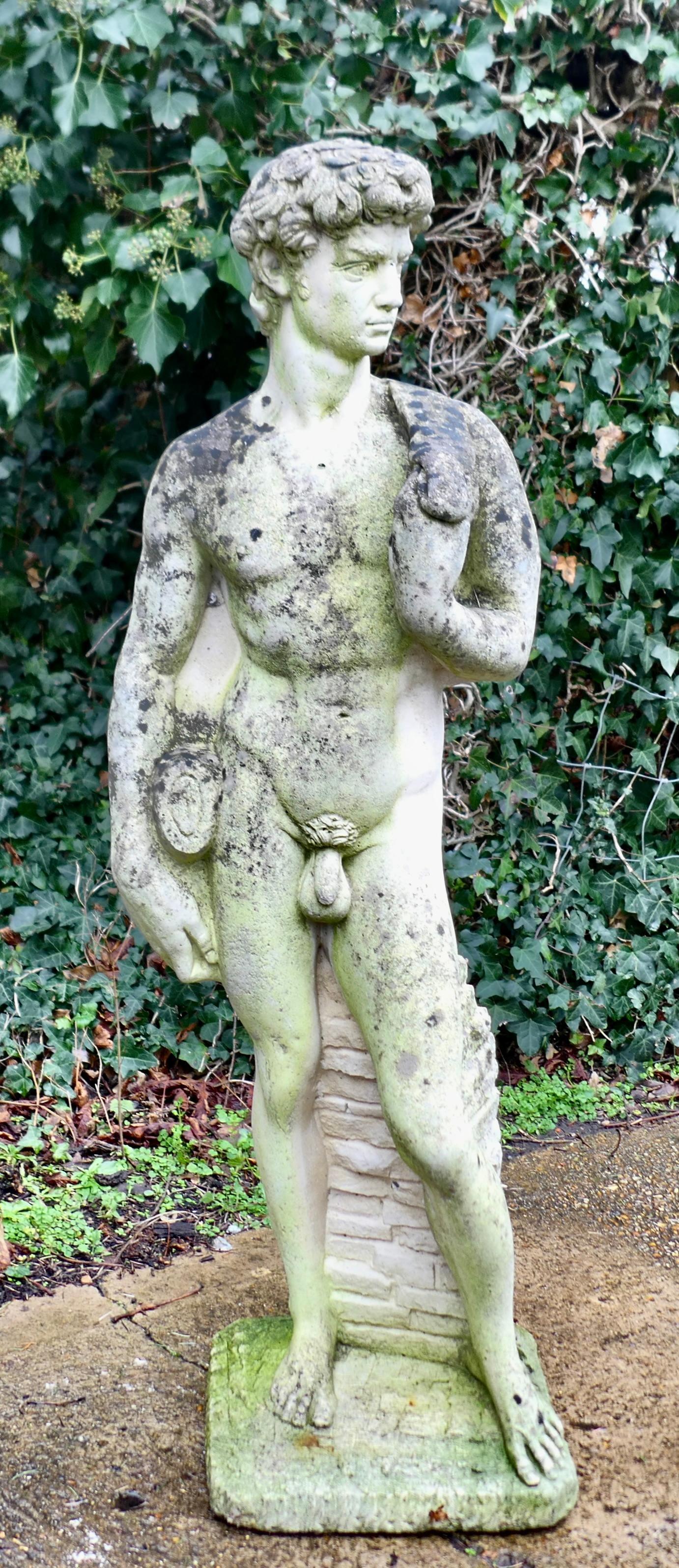 Cast Stone Weathered Cast Statue of Michelangelo's David A lovely piece for the garden For Sale