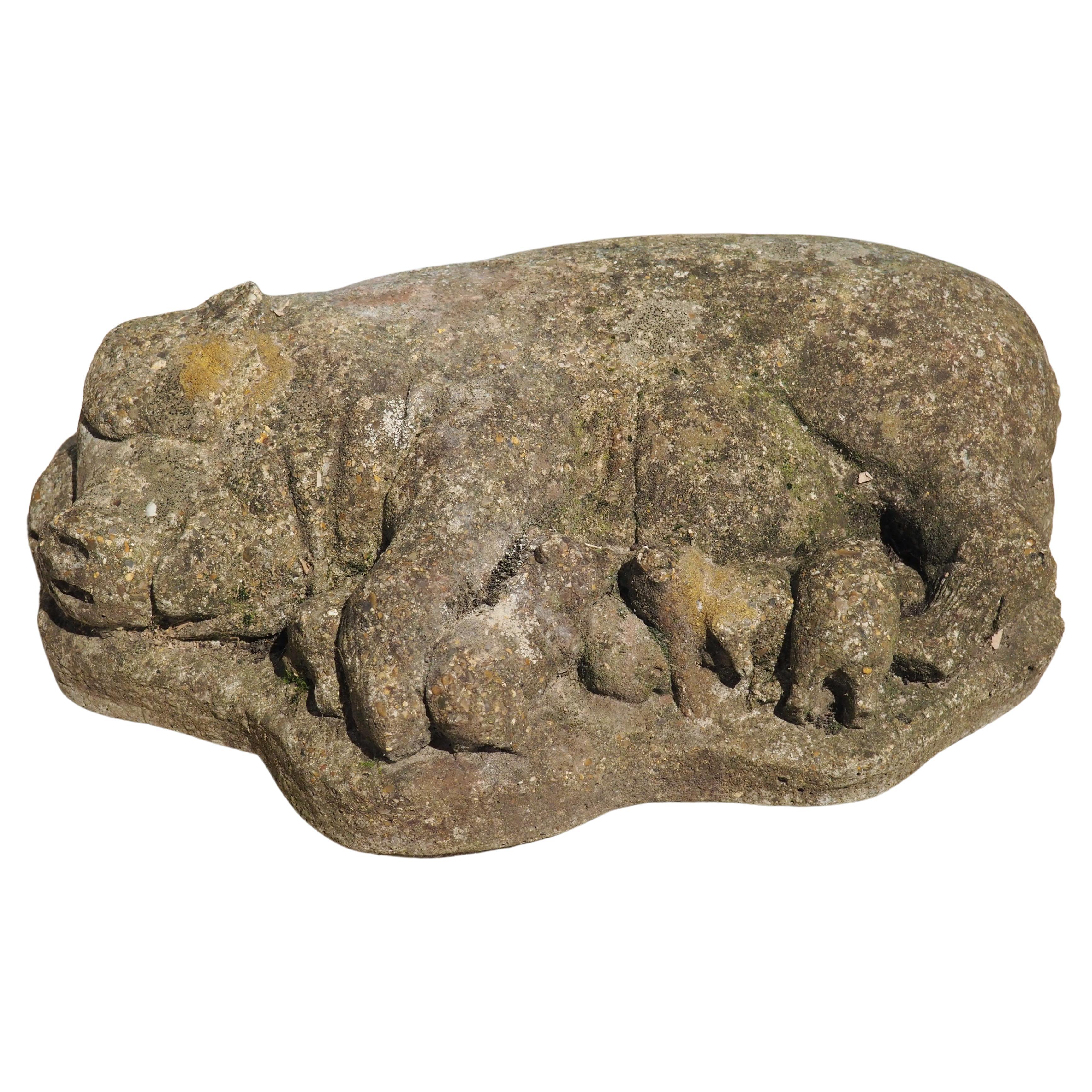 Weathered Cast Stone Pig and Piglets from England, 20th C. For Sale