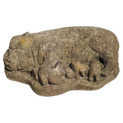Weathered Cast Stone Pig and Piglets from England, 20th C.
