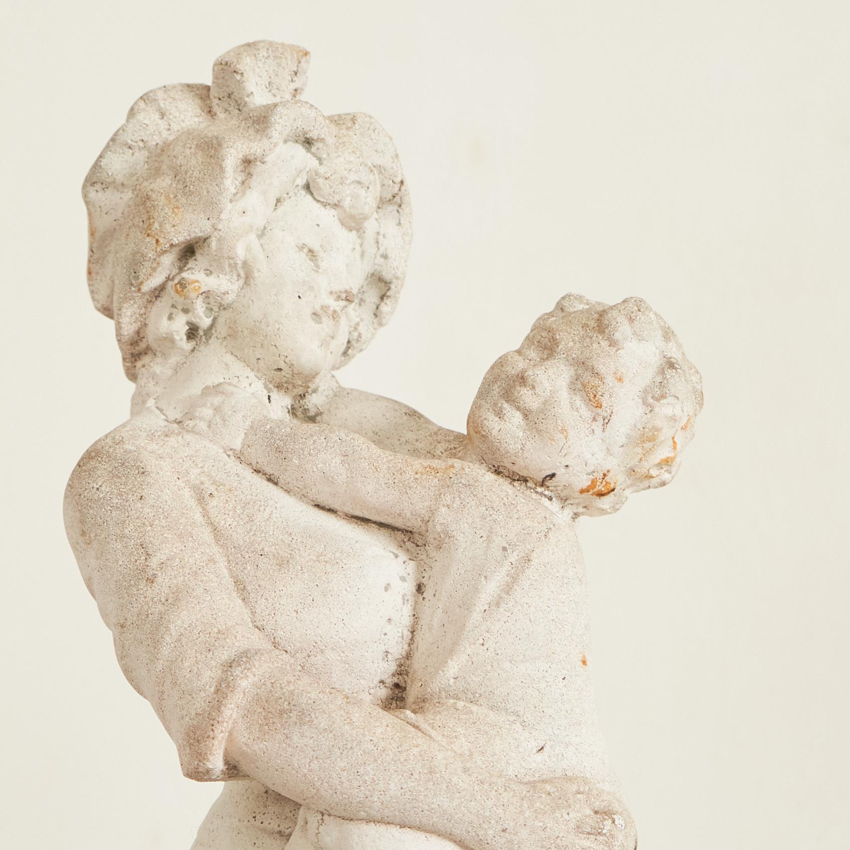 European Weathered Cast Stone Woman with Child Garden Statue For Sale