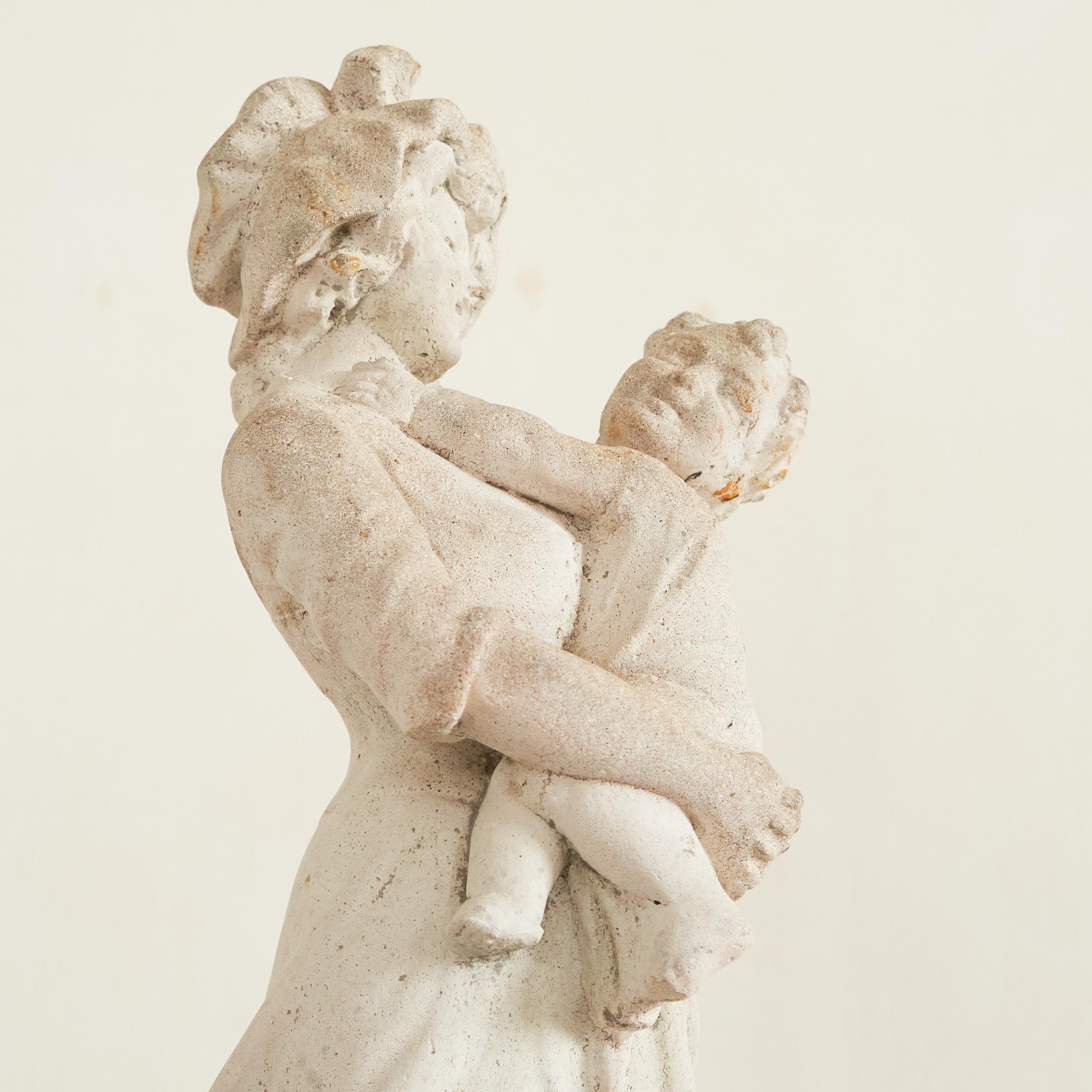 Weathered Cast Stone Woman with Child Garden Statue For Sale 3