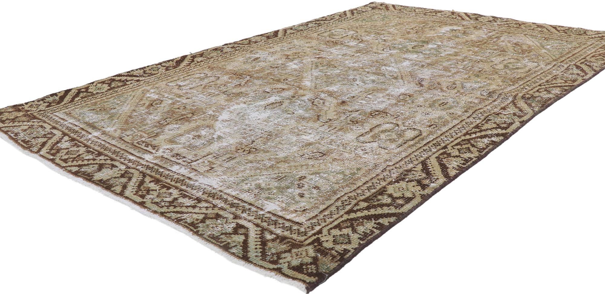61009 Weathered Distressed Antique Persian Mahal rug 04'00 x 06'04. Emanating sophistication and nomadic charm with rustic sensibility, this hand knotted wool distressed antique Persian Mahal rug beautifully embodies a modern style. The lovingly