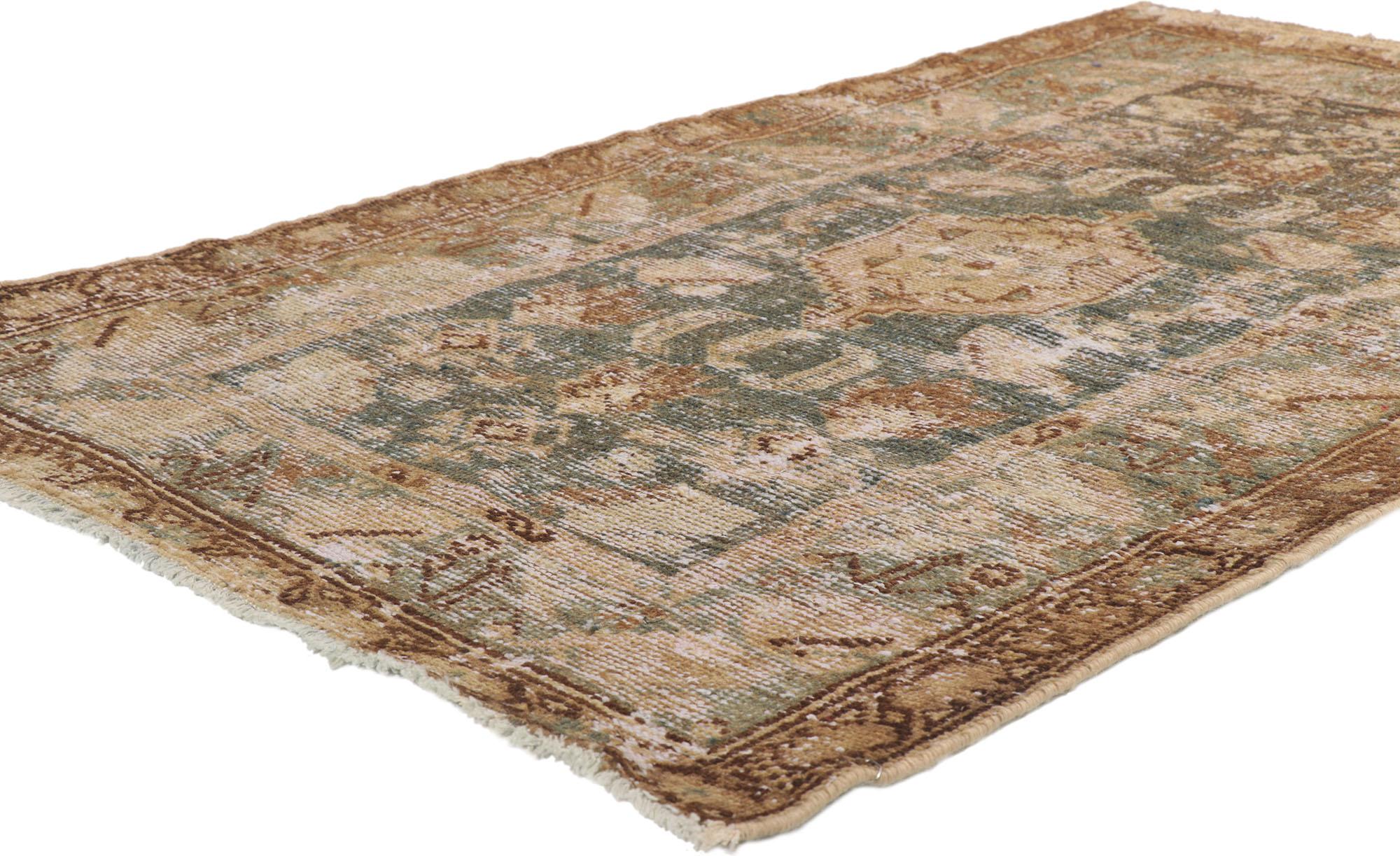 53762 Distressed Antique Persian Malayer rug 03'04 x 05'05
Emanating sophistication with rustic sensibility, this hand knotted wool distressed antique Persian Malayer rug beautifully embodies a modern Industrial style. The lovingly time-worn