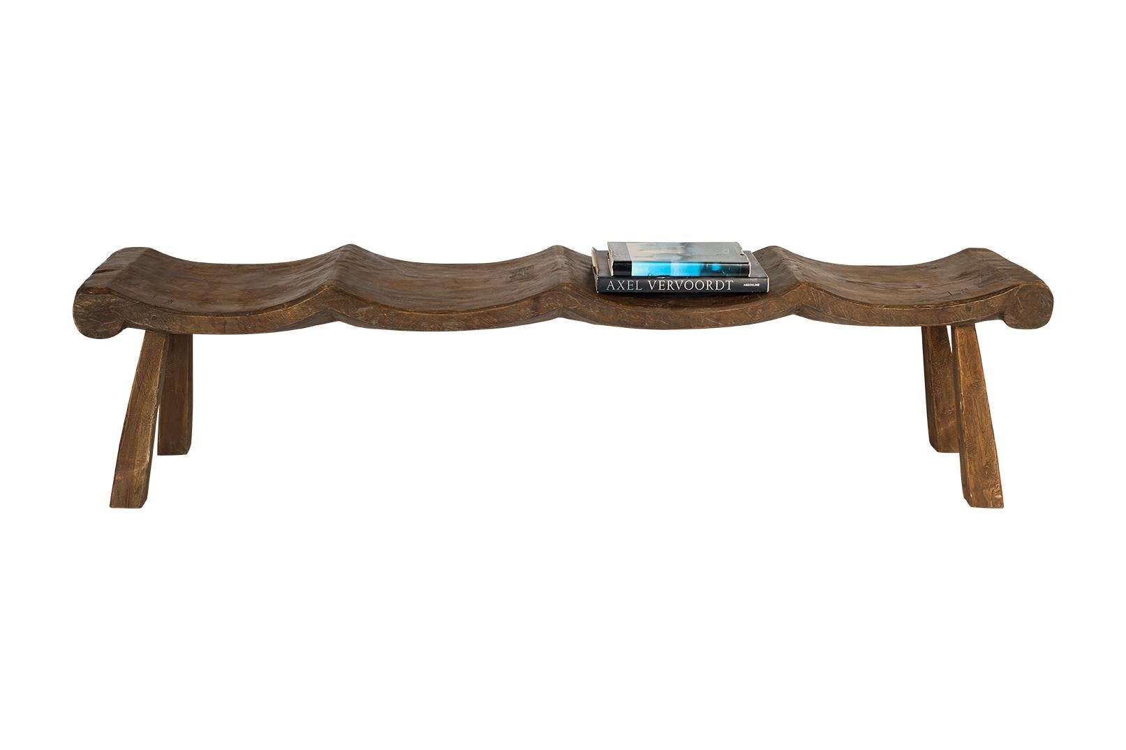 Organic Modern Weathered Elm Four Seat Scalloped Design Bench