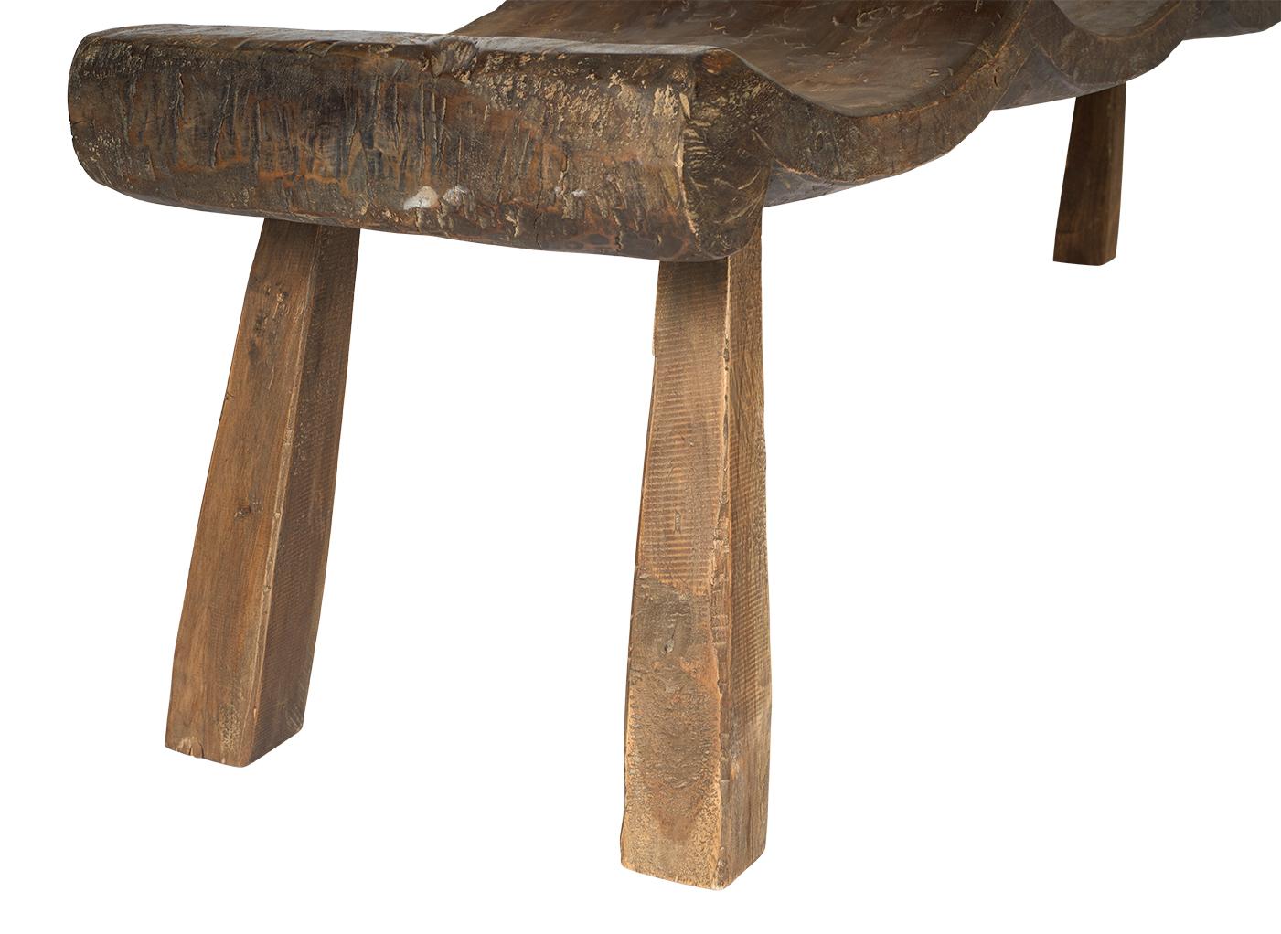 20th Century Weathered Elm Four Seat Scalloped Design Bench