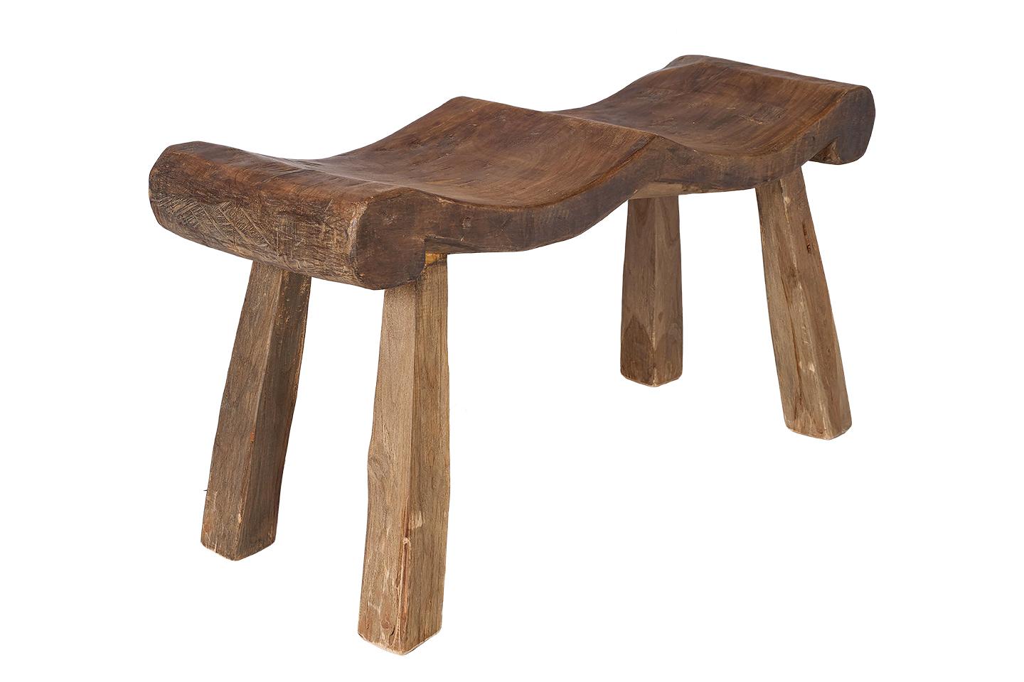 Organic Modern Weathered Elm Two Seat Scalloped Bench
