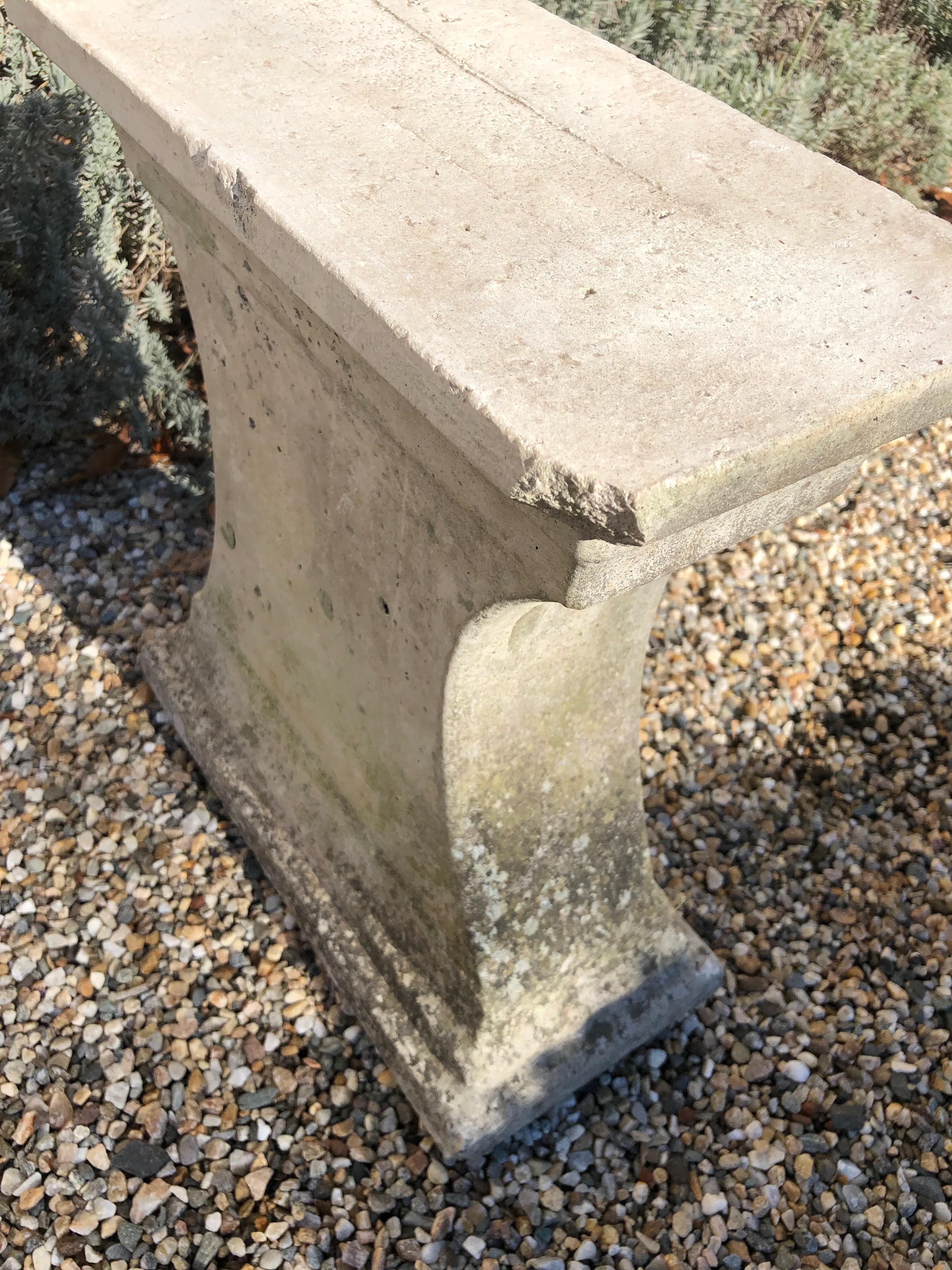 Weathered English Cast Stone Garden Bench with Tiered Decorative Edging 5