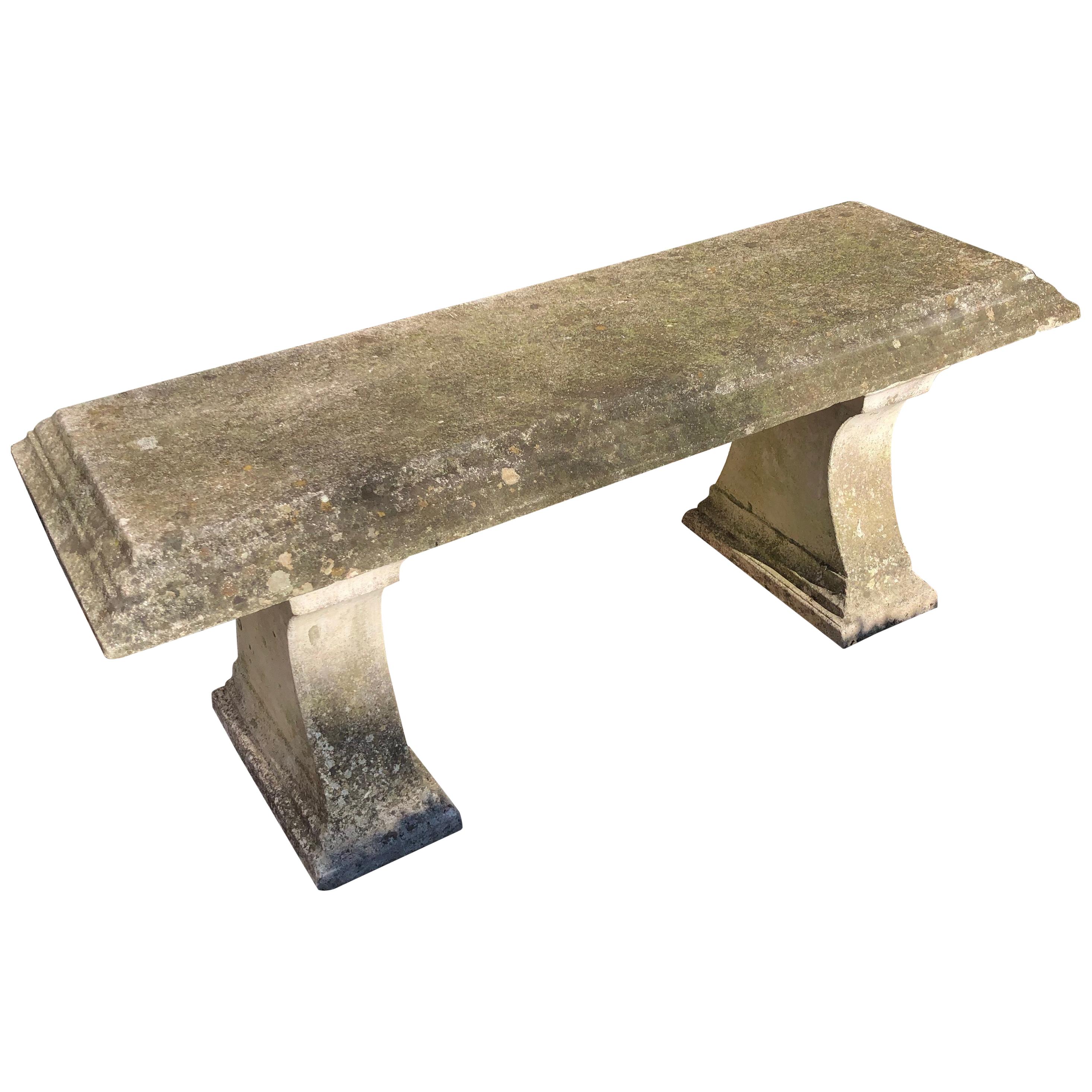 Weathered English Cast Stone Garden Bench with Tiered Decorative Edging