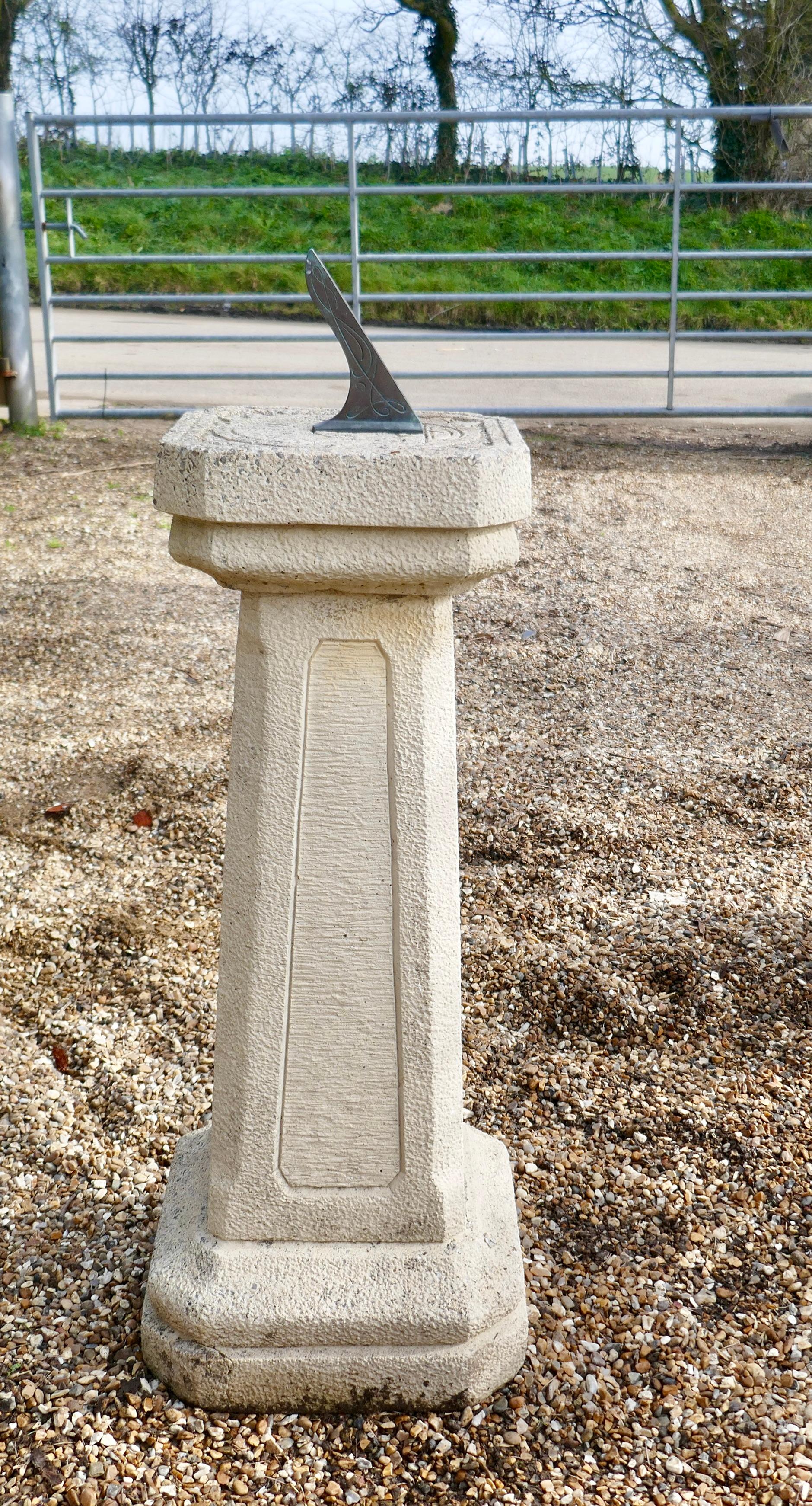 Weathered garden sundial

This sundial base is made in a cast composite with flint chippings
The pedestal is rectangular and the sundial is made in bronze
A very attractive piece with its own unique character
The sundial is 38” tall and 14”
