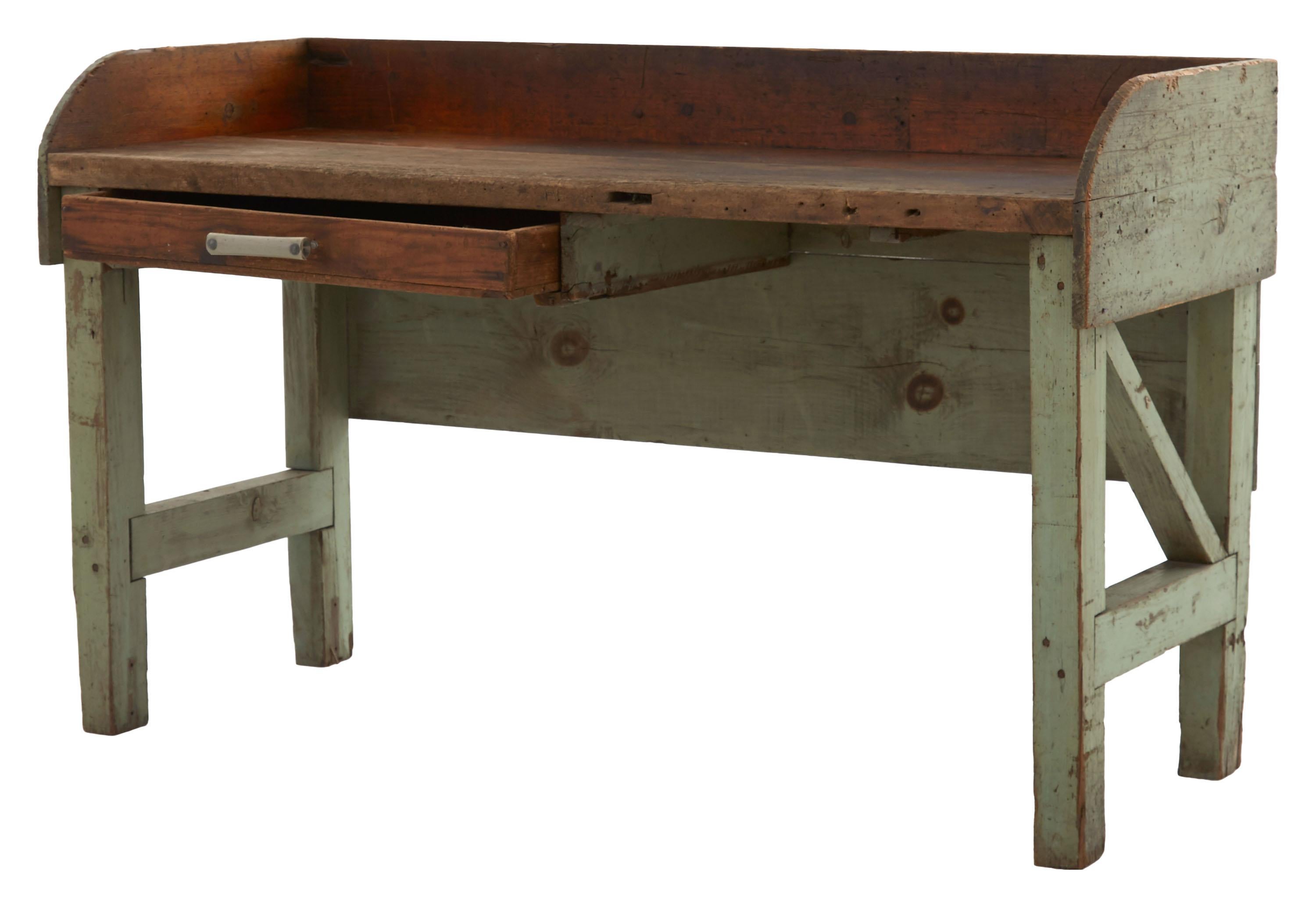 Weathered Industrial Green Painted Wooden Work Table In Good Condition In Chicago, IL