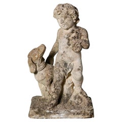 Antique Weathered Italian Limestone Statue of Putto & Dog