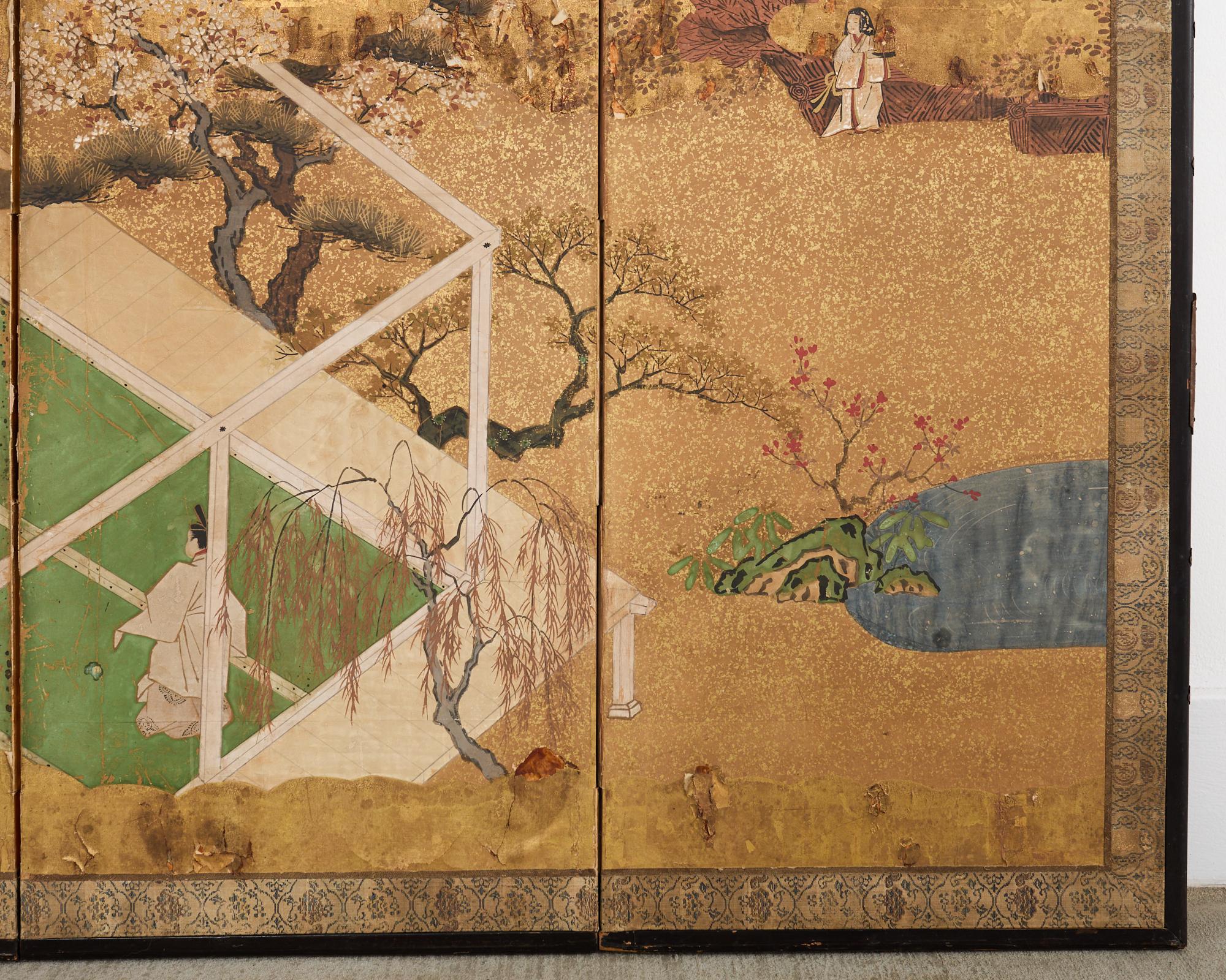 Biombo japonés Meiji de cuatro paneles envejecido Cuento de Genji 3