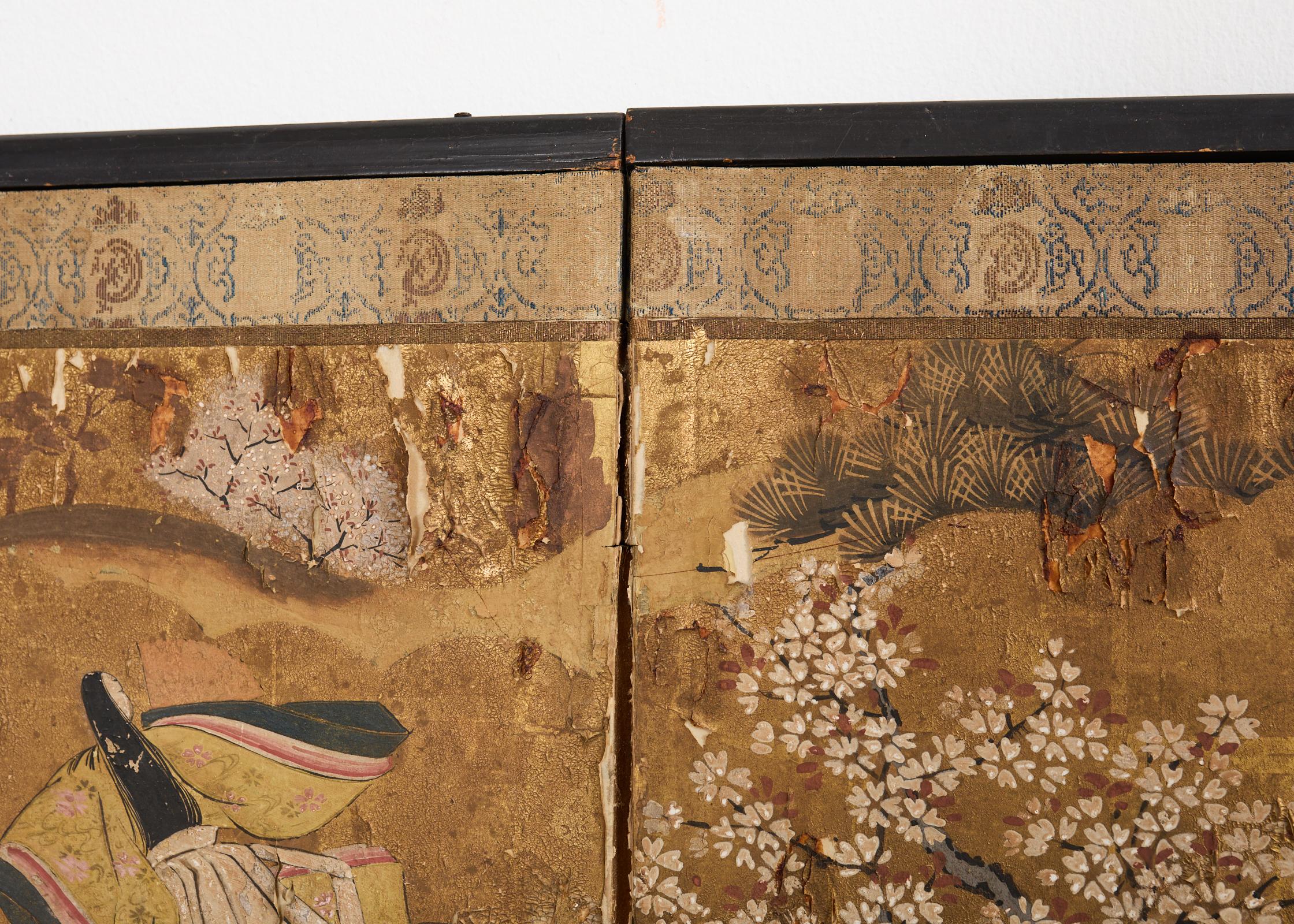 Biombo japonés Meiji de cuatro paneles envejecido Cuento de Genji 4