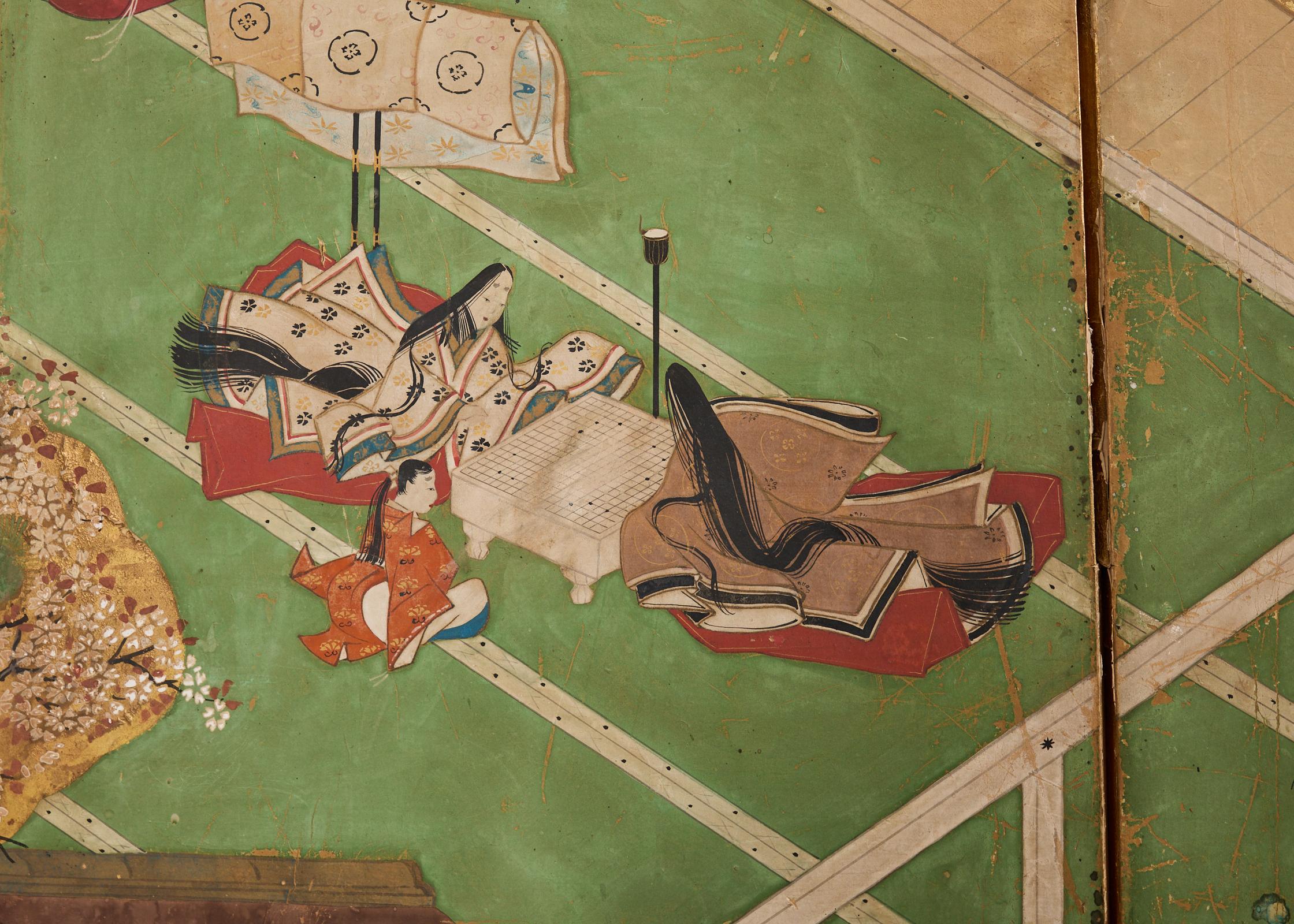 Biombo japonés Meiji de cuatro paneles envejecido Cuento de Genji 5