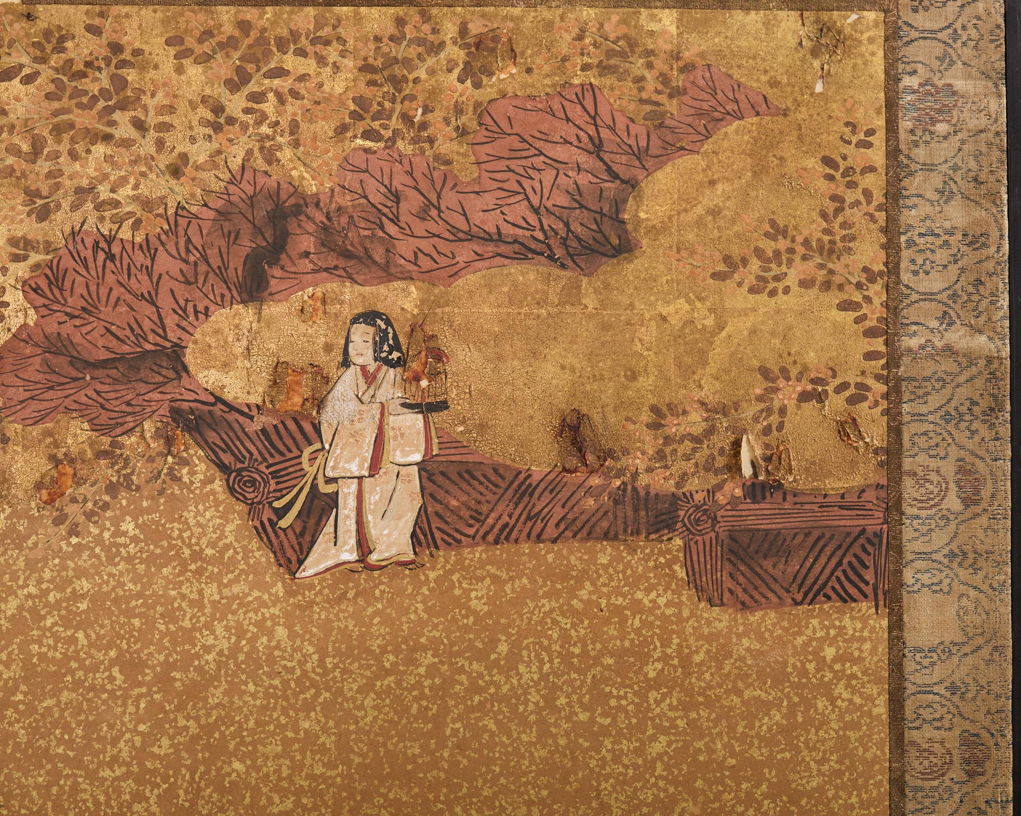 Biombo japonés Meiji de cuatro paneles envejecido Cuento de Genji 7