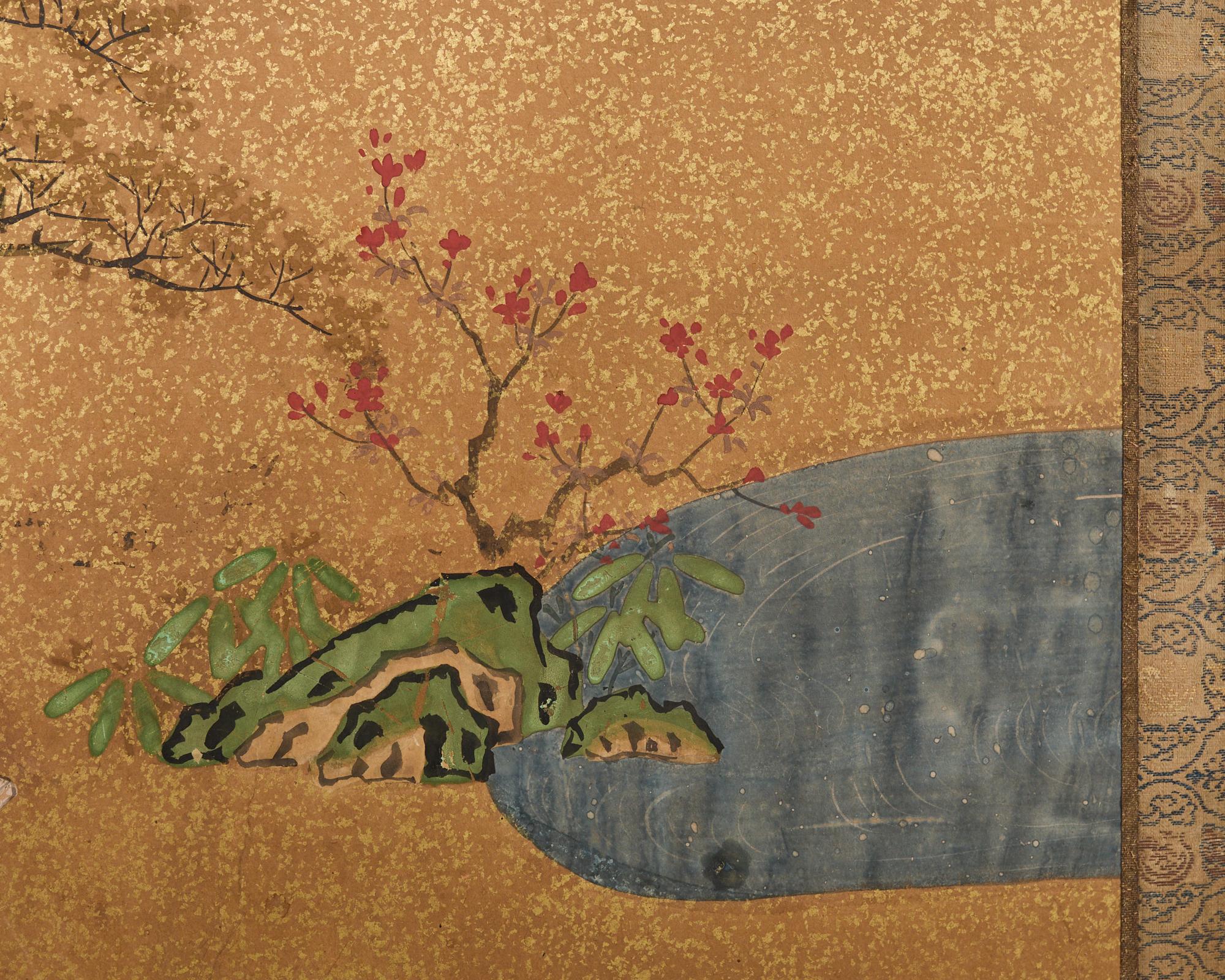 Biombo japonés Meiji de cuatro paneles envejecido Cuento de Genji 8