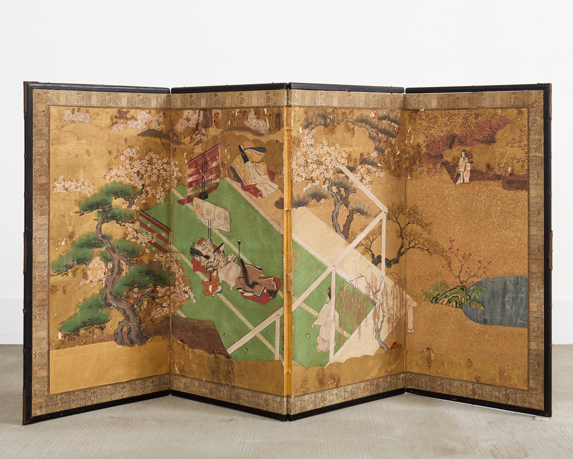 Biombo japonés Meiji de cuatro paneles envejecido Cuento de Genji 9