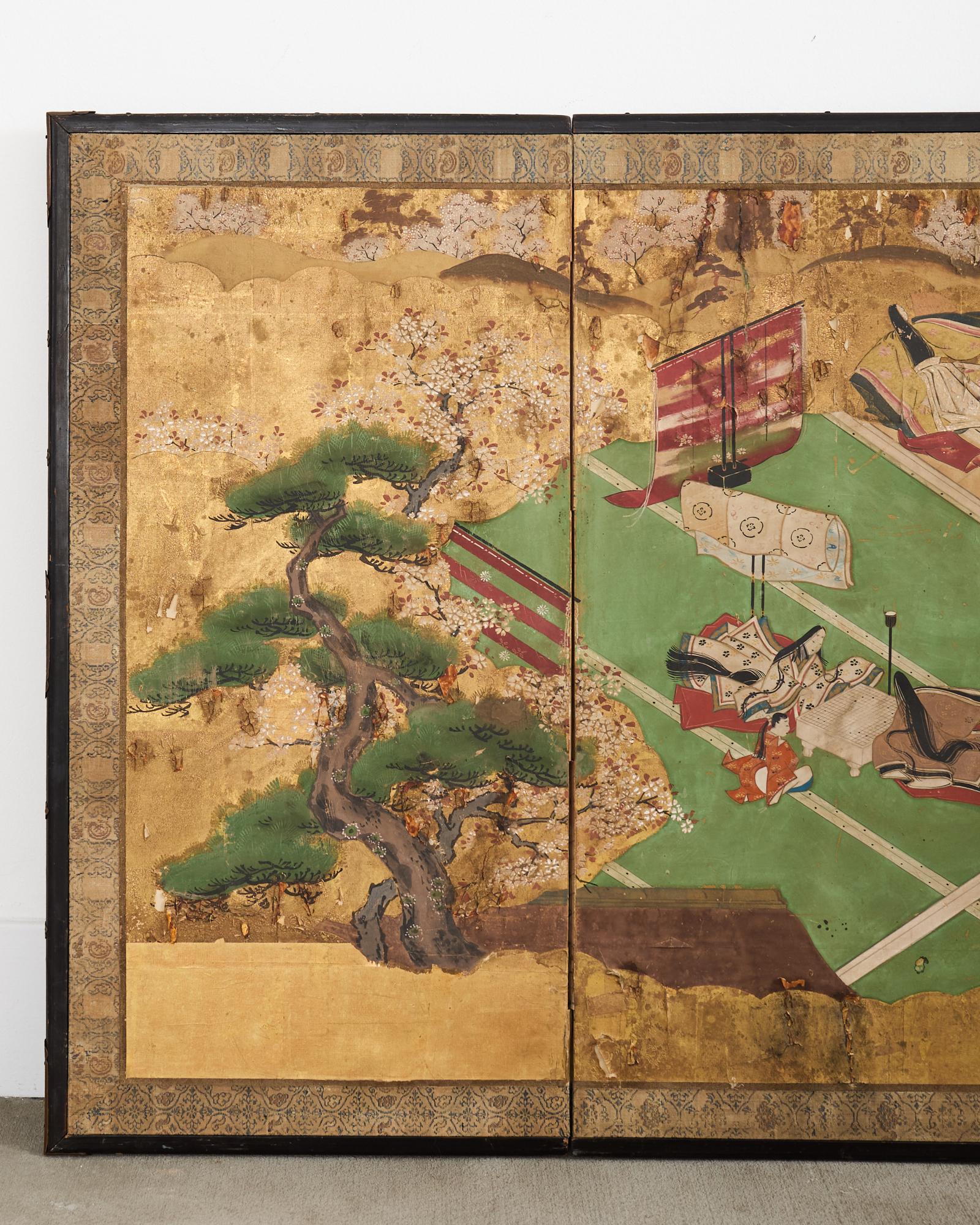 Biombo japonés Meiji de cuatro paneles envejecido Cuento de Genji Japonés
