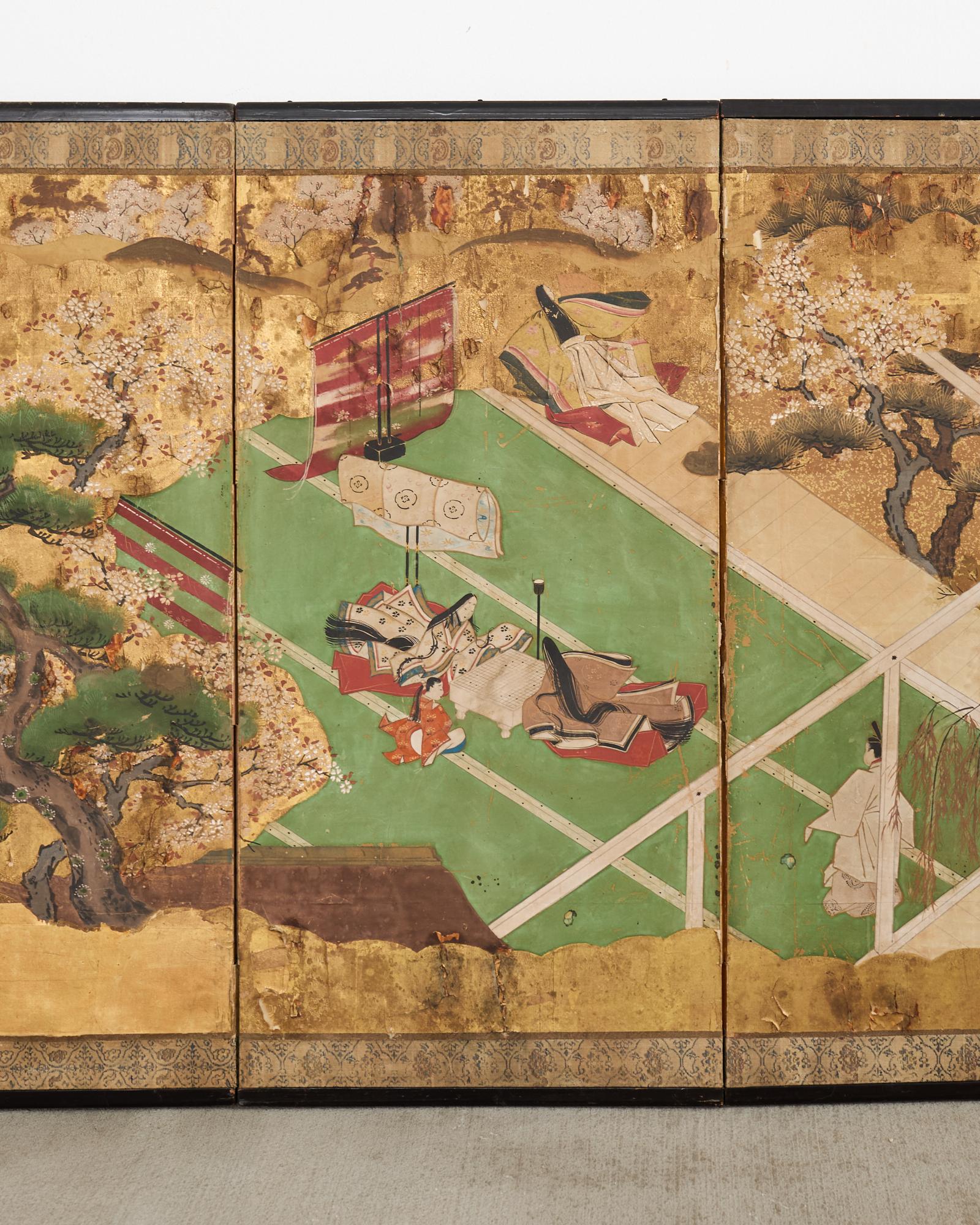 Biombo japonés Meiji de cuatro paneles envejecido Cuento de Genji Hecho a mano