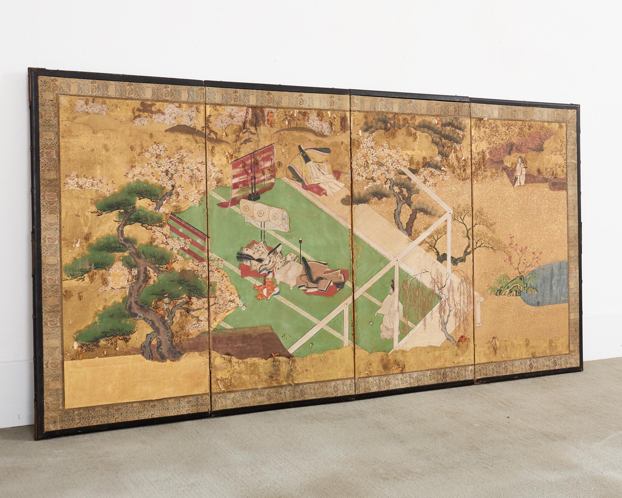 Biombo japonés Meiji de cuatro paneles envejecido Cuento de Genji siglo XIX