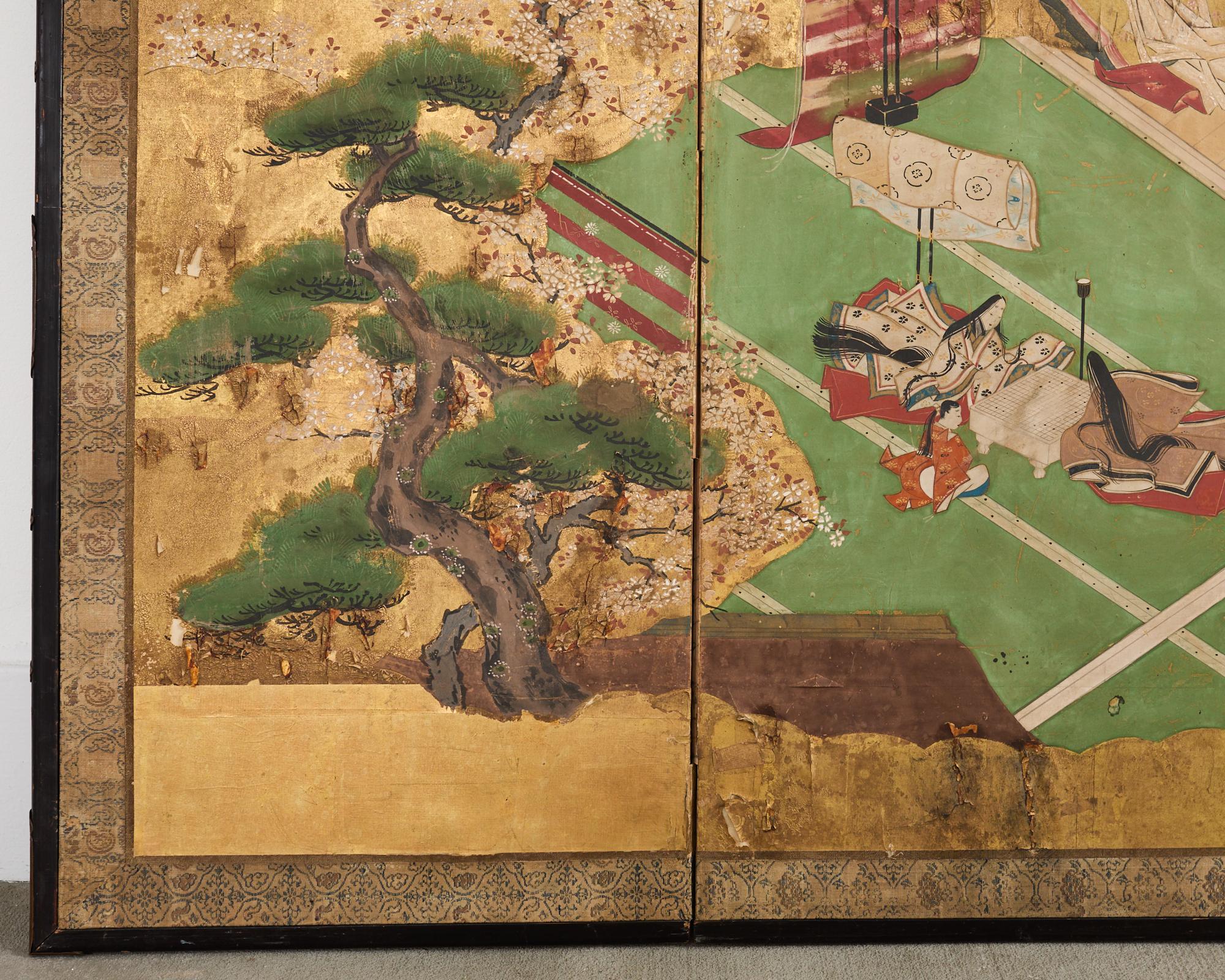 Biombo japonés Meiji de cuatro paneles envejecido Cuento de Genji 1