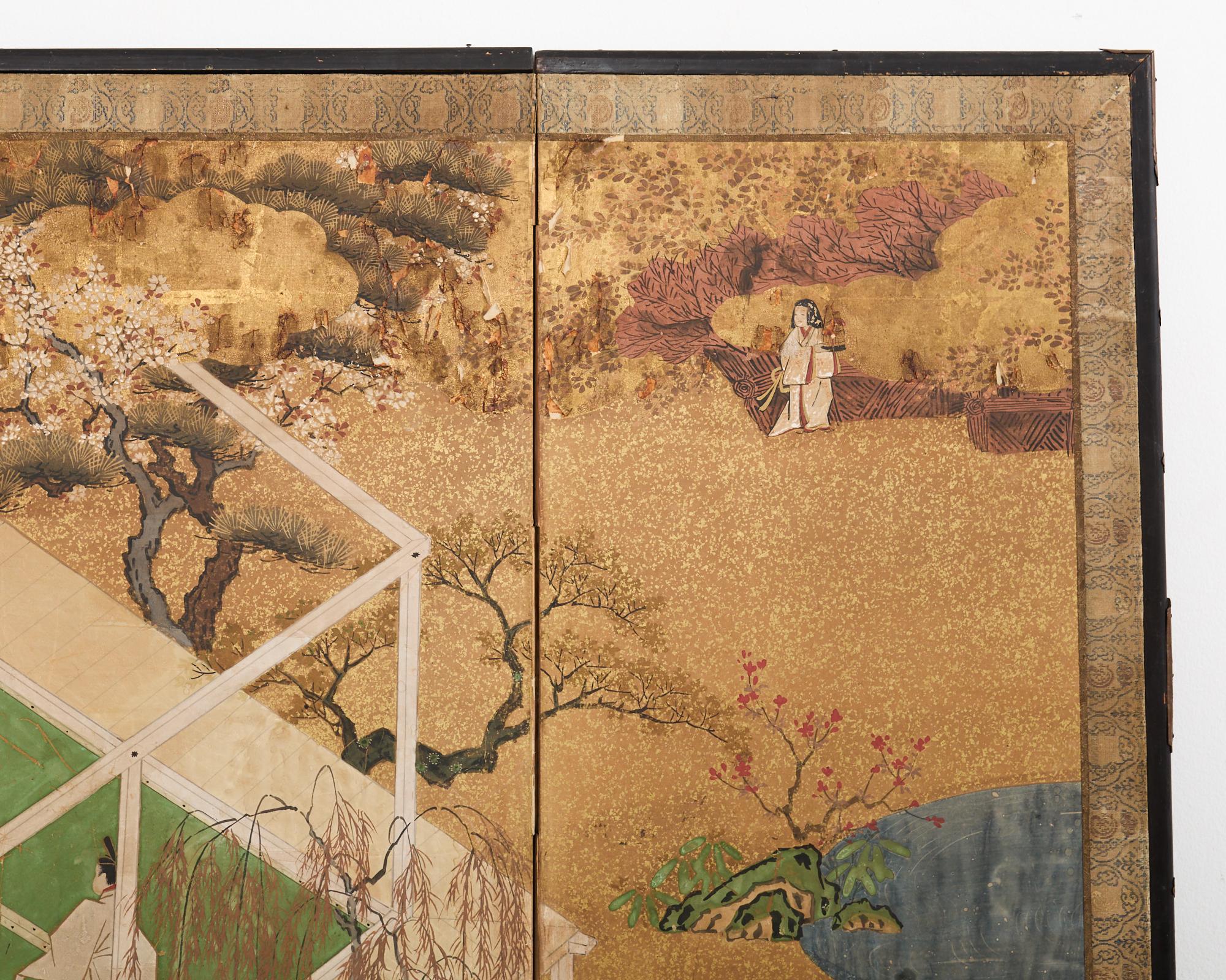 Biombo japonés Meiji de cuatro paneles envejecido Cuento de Genji 2