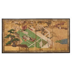 Paravento giapponese Meiji a quattro pannelli con effetto atmosferico Racconto di Genji
