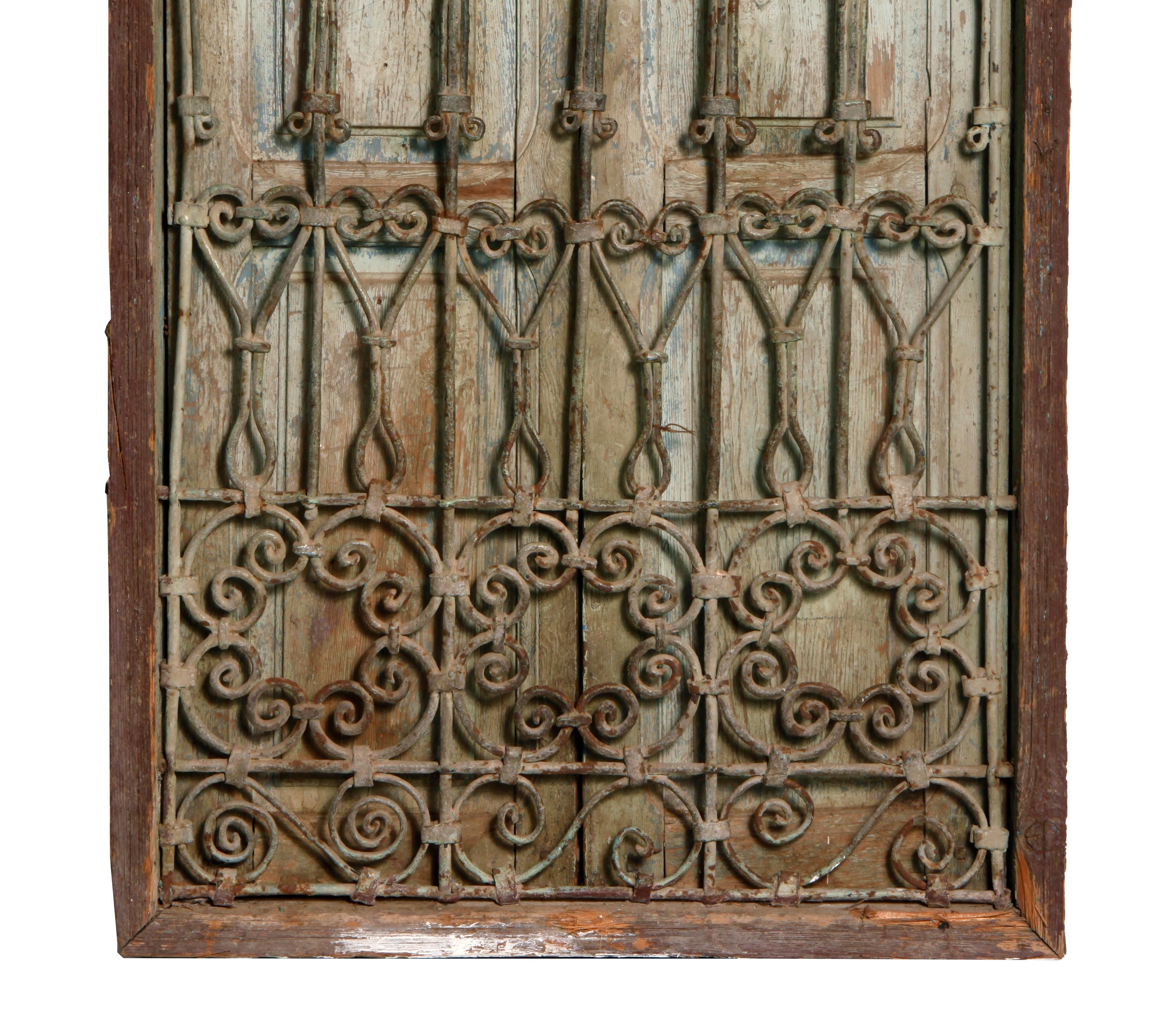 Wrought Iron Weathered Moroccan Wood & Iron Antique Window with Shutters  For Sale