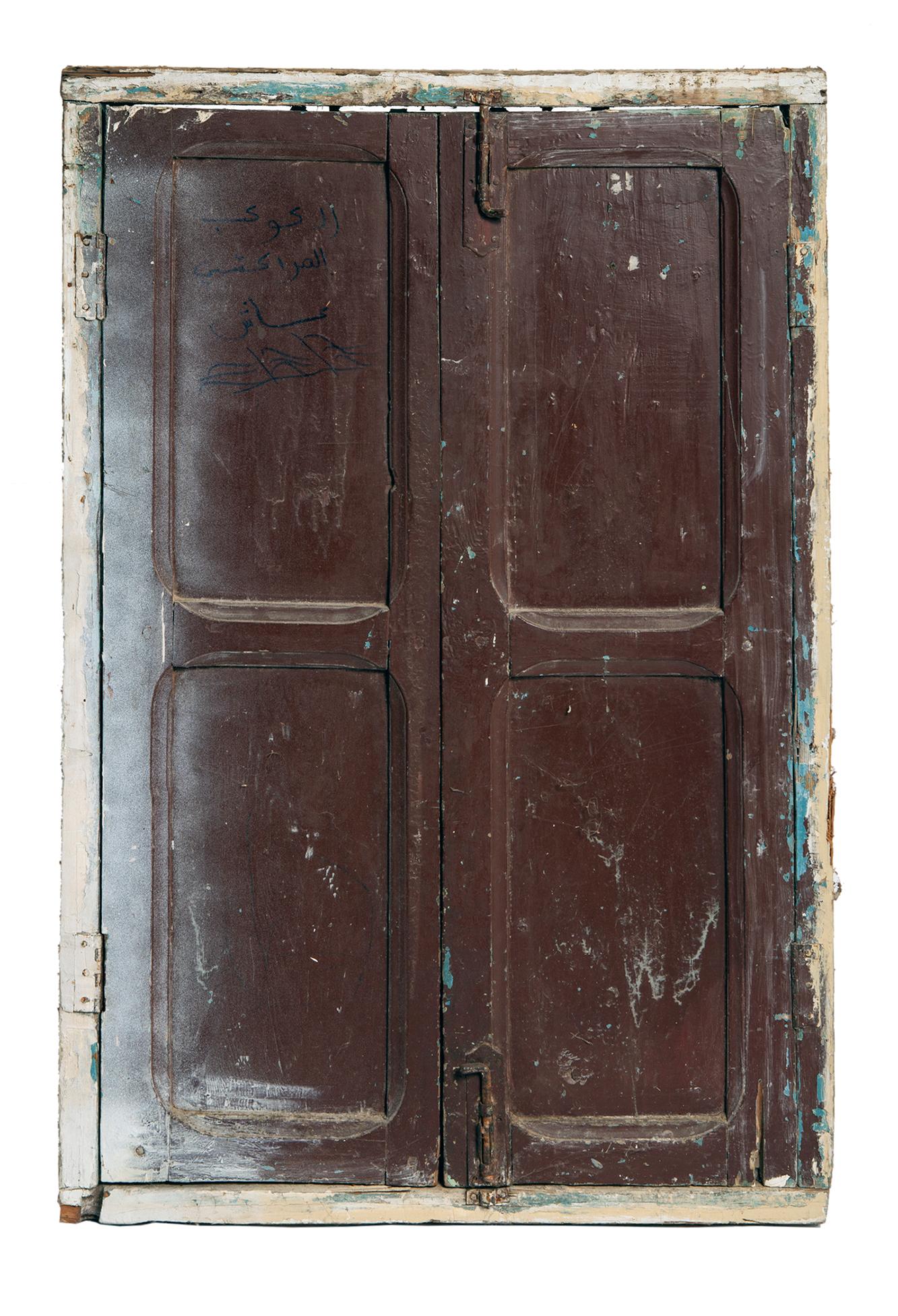 Weathered Moroccan Wood & Iron Antique Window with Shutters  In Good Condition For Sale In Malibu, CA