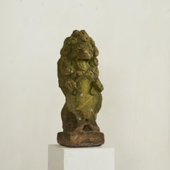Weathered, Mossy and Patinated Cast Stone Lion with Shield Garden Statue 1930s