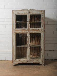 Weathered Painted Wooden Display Cabinet With Glass Doors