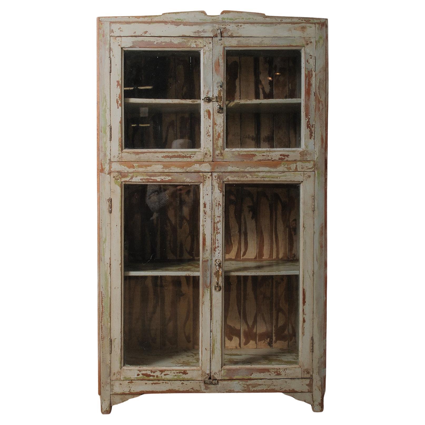 Weathered Painted Wooden Display Cabinet With Glass Doors