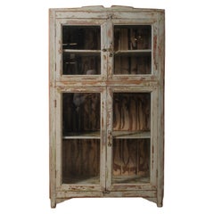 Weathered Painted Wooden Display Cabinet With Glass Doors
