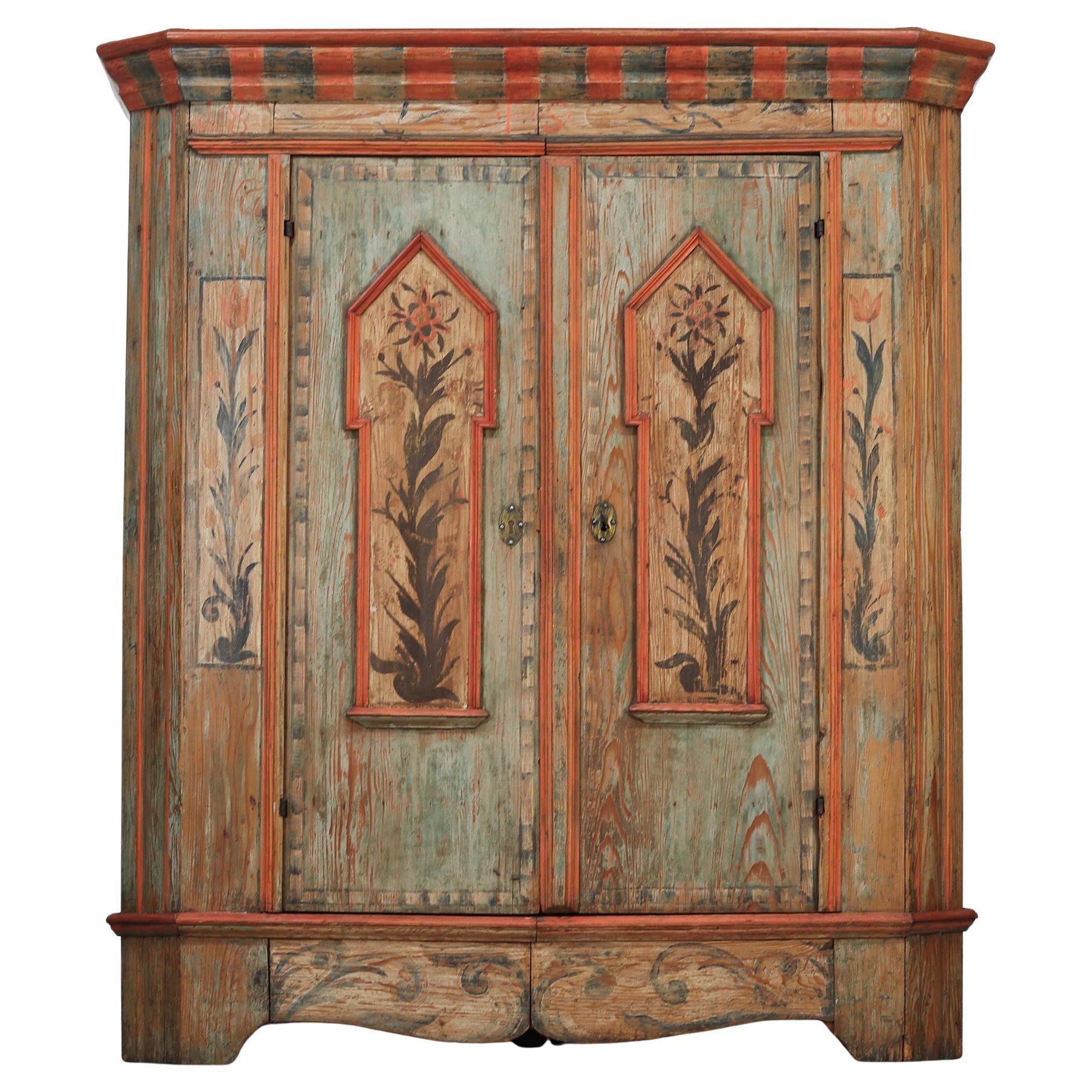 Weathered Rustic Farmhouse Painted Folk Art Bridal Cabinet dated 1806 For Sale