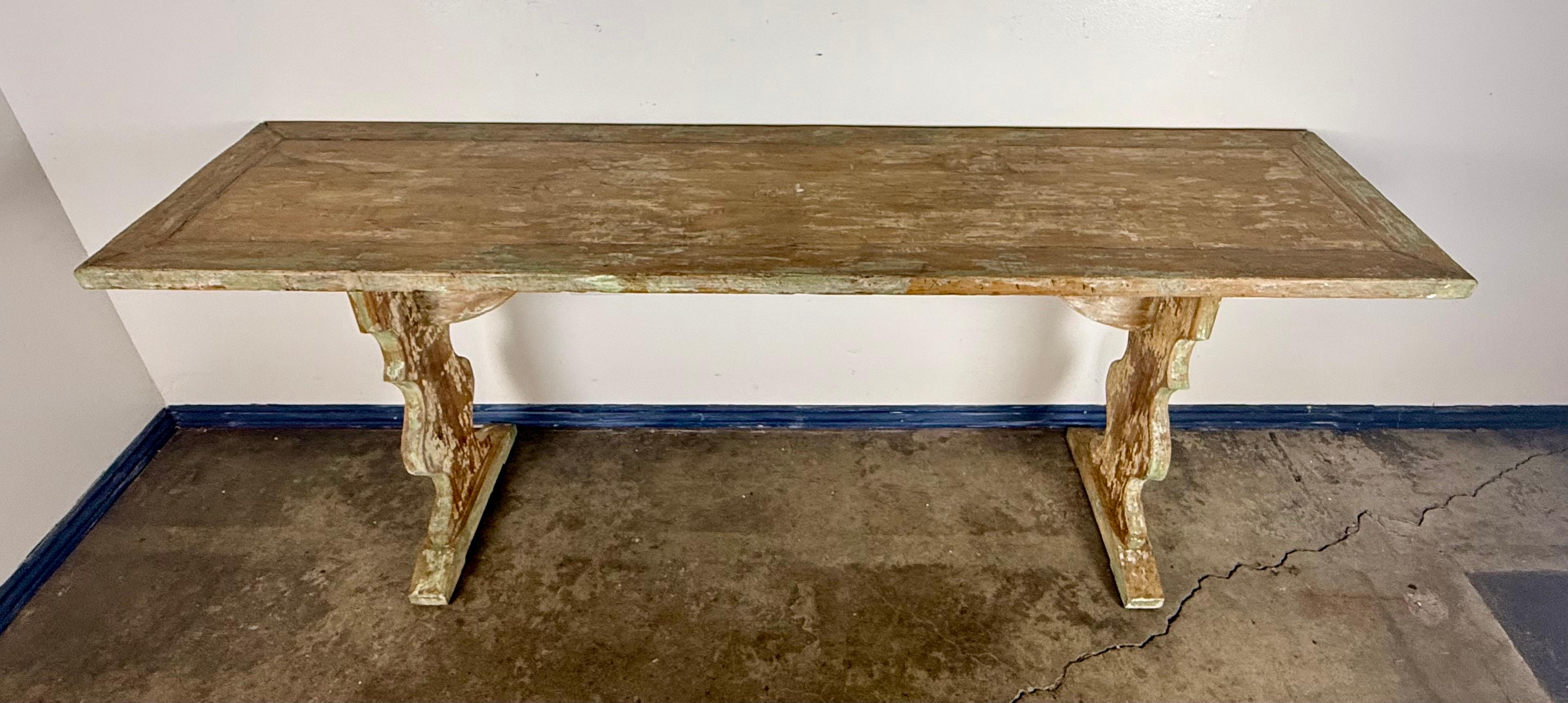 Gustavian Weathered Swedish-Style Pine Console Table with Lyre-Shaped Supports For Sale