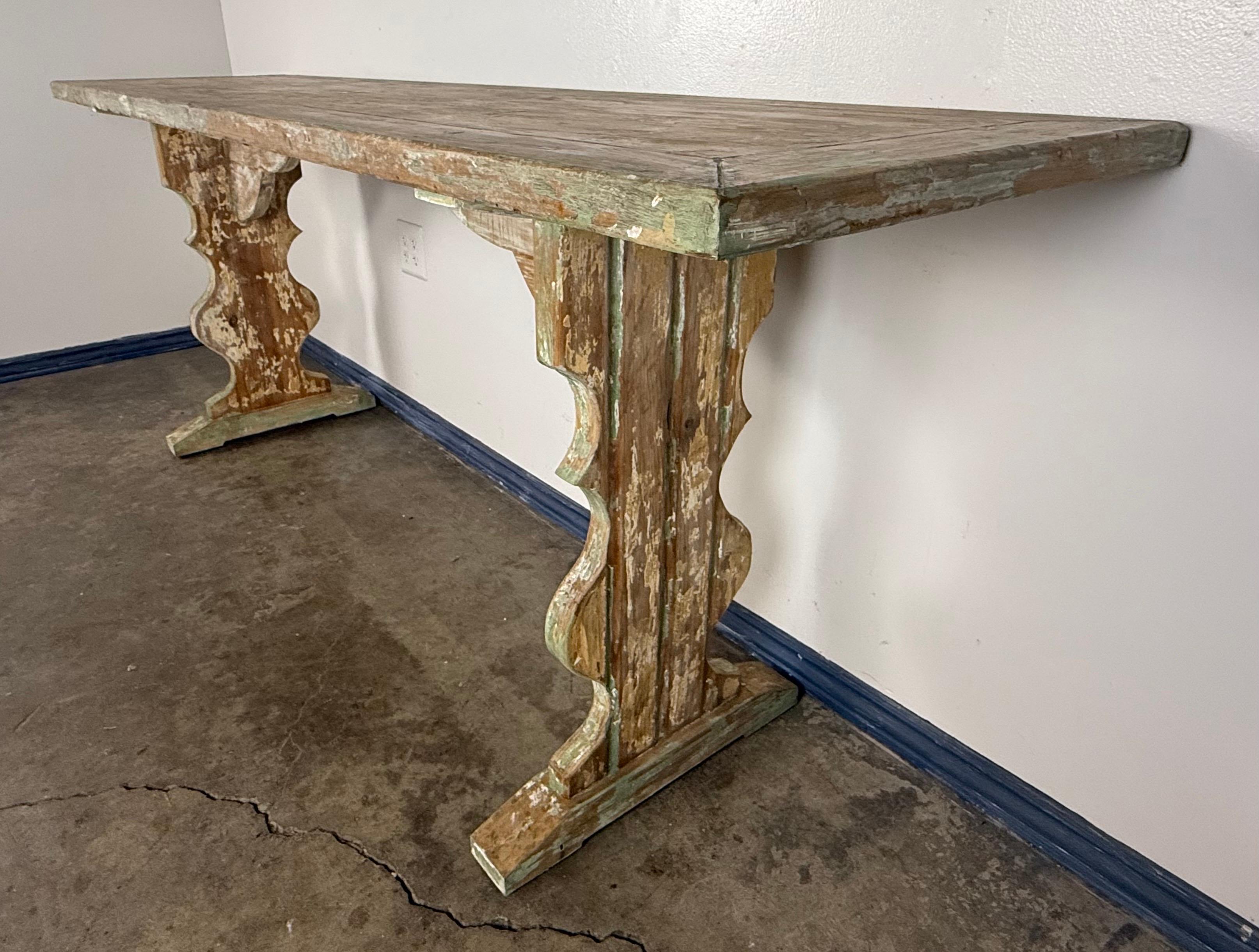 20th Century Weathered Swedish-Style Pine Console Table with Lyre-Shaped Supports For Sale