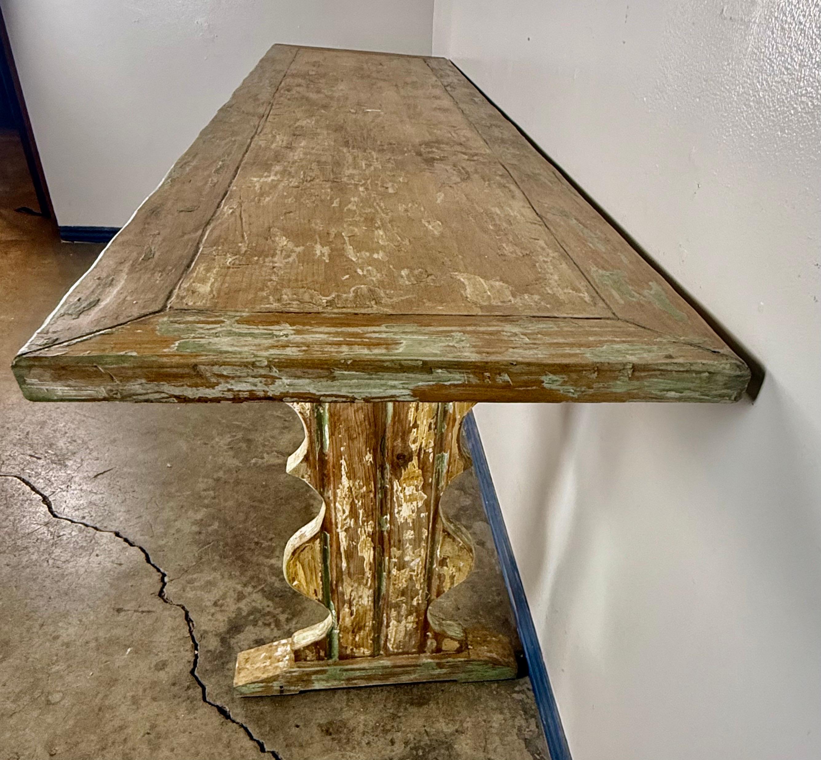 Wood Weathered Swedish-Style Pine Console Table with Lyre-Shaped Supports For Sale