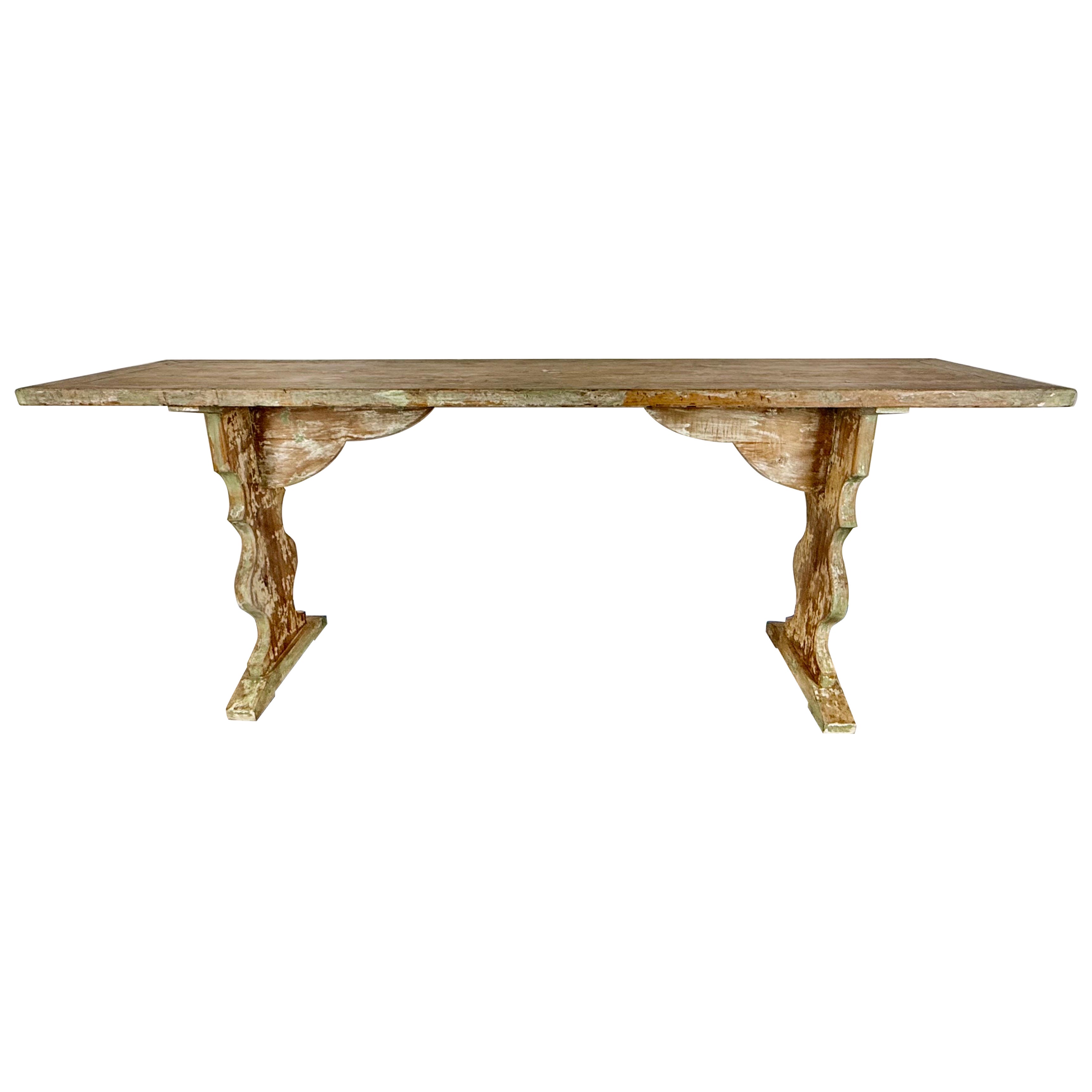 Weathered Swedish-Style Pine Console Table with Lyre-Shaped Supports For Sale