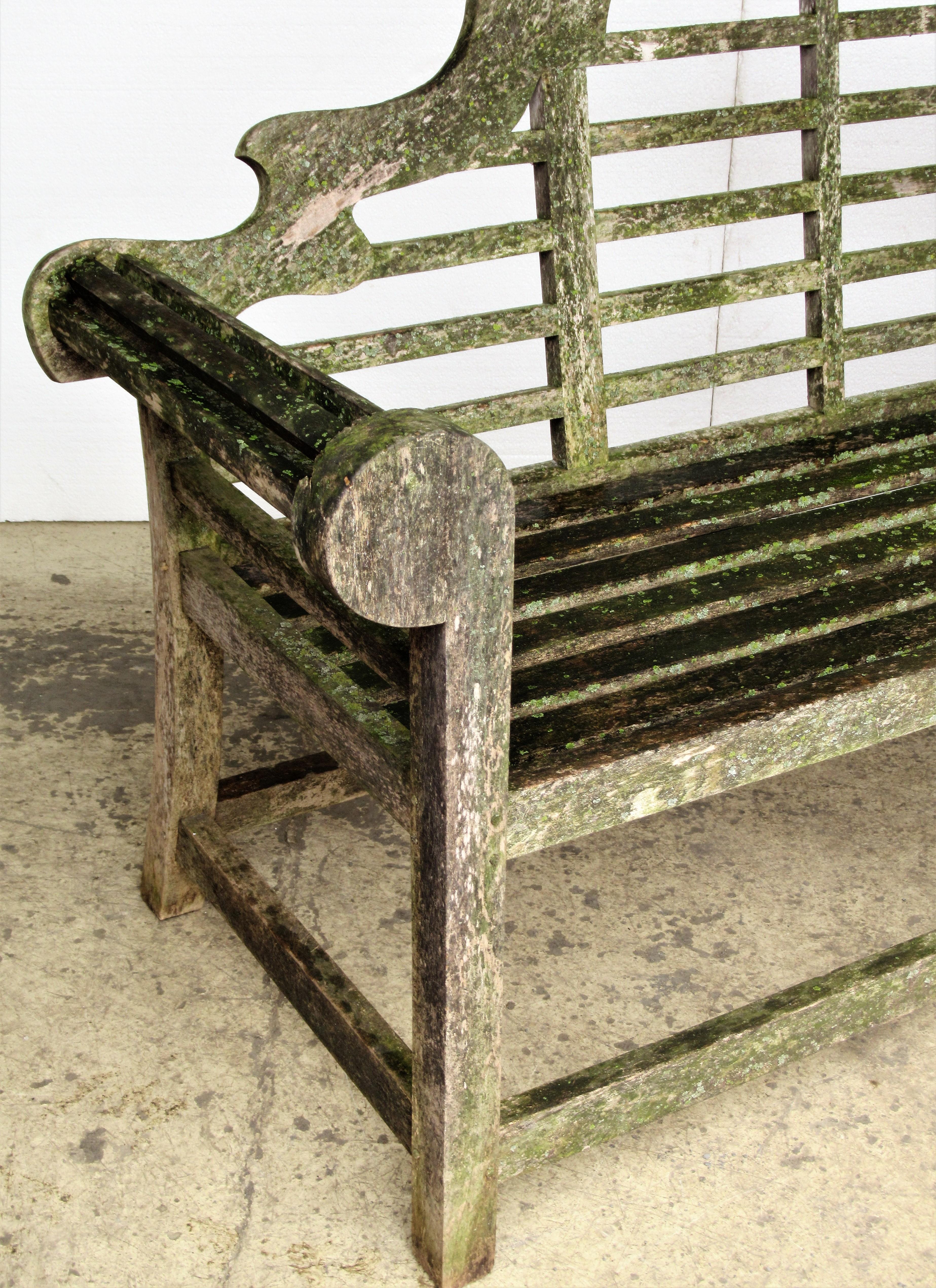 Edwardian Weathered Teak Lutyens Style Garden Bench Encrusted with Algae Lichen