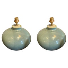 Weathered Turquoise Glaze Pair Of Ceramic Lamps, China, Contemporary