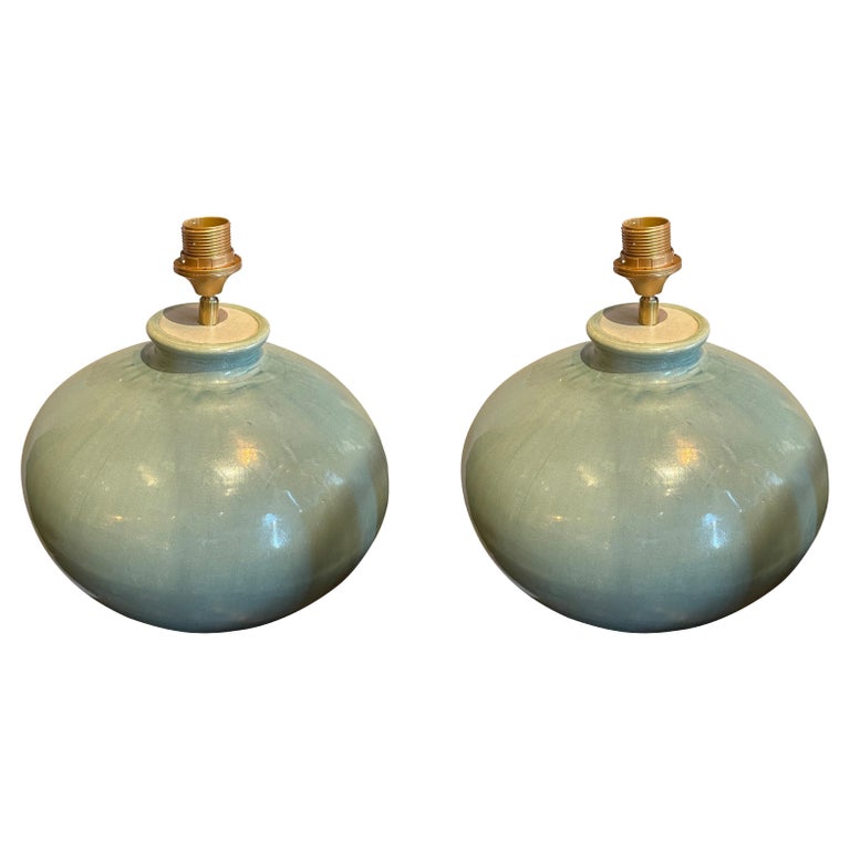 Weathered Turquoise Glaze Pair Of Ceramic Lamps, China, Contemporary For Sale