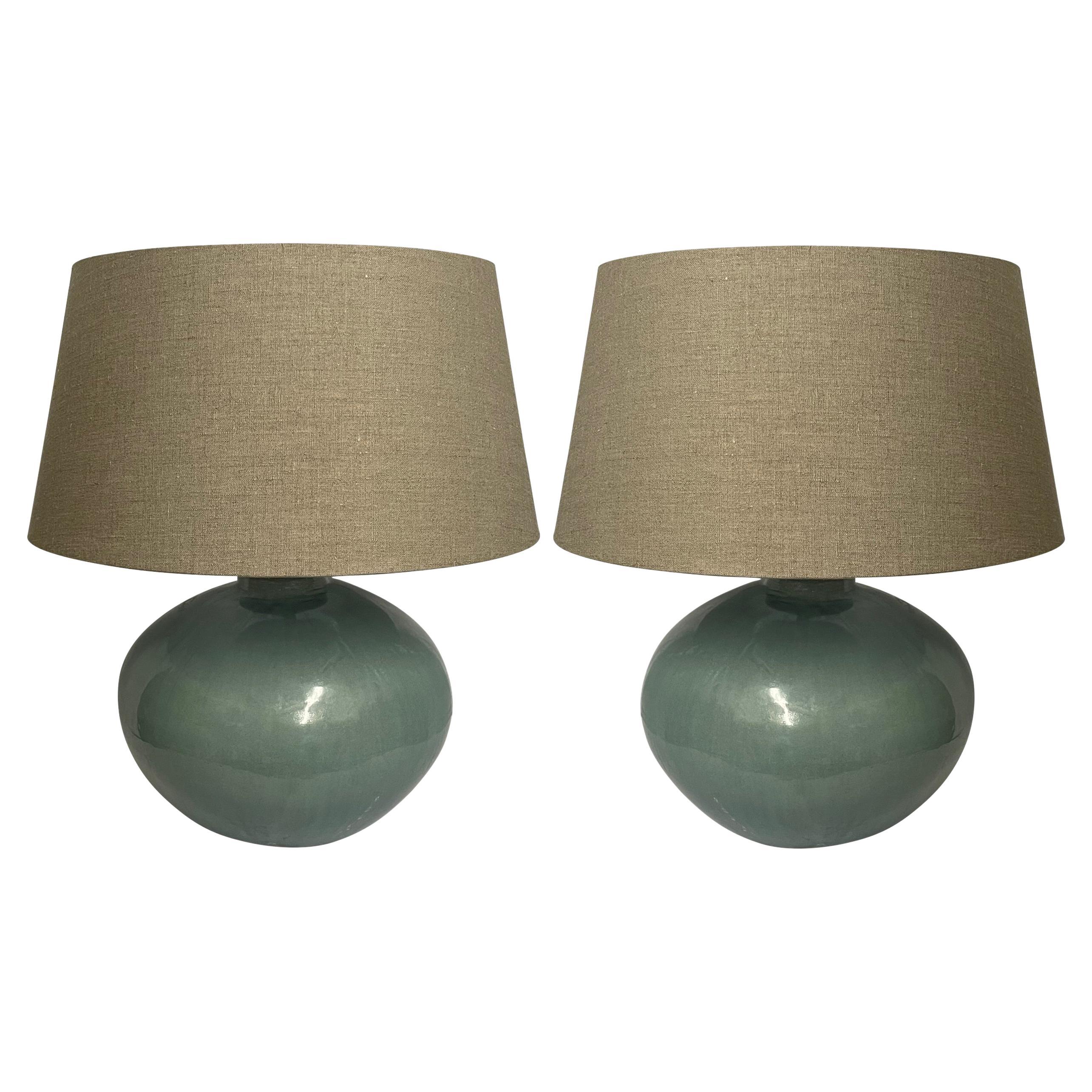 Weathered Turquoise Glaze Pair Of Ceramic Lamps, China, Contemporary