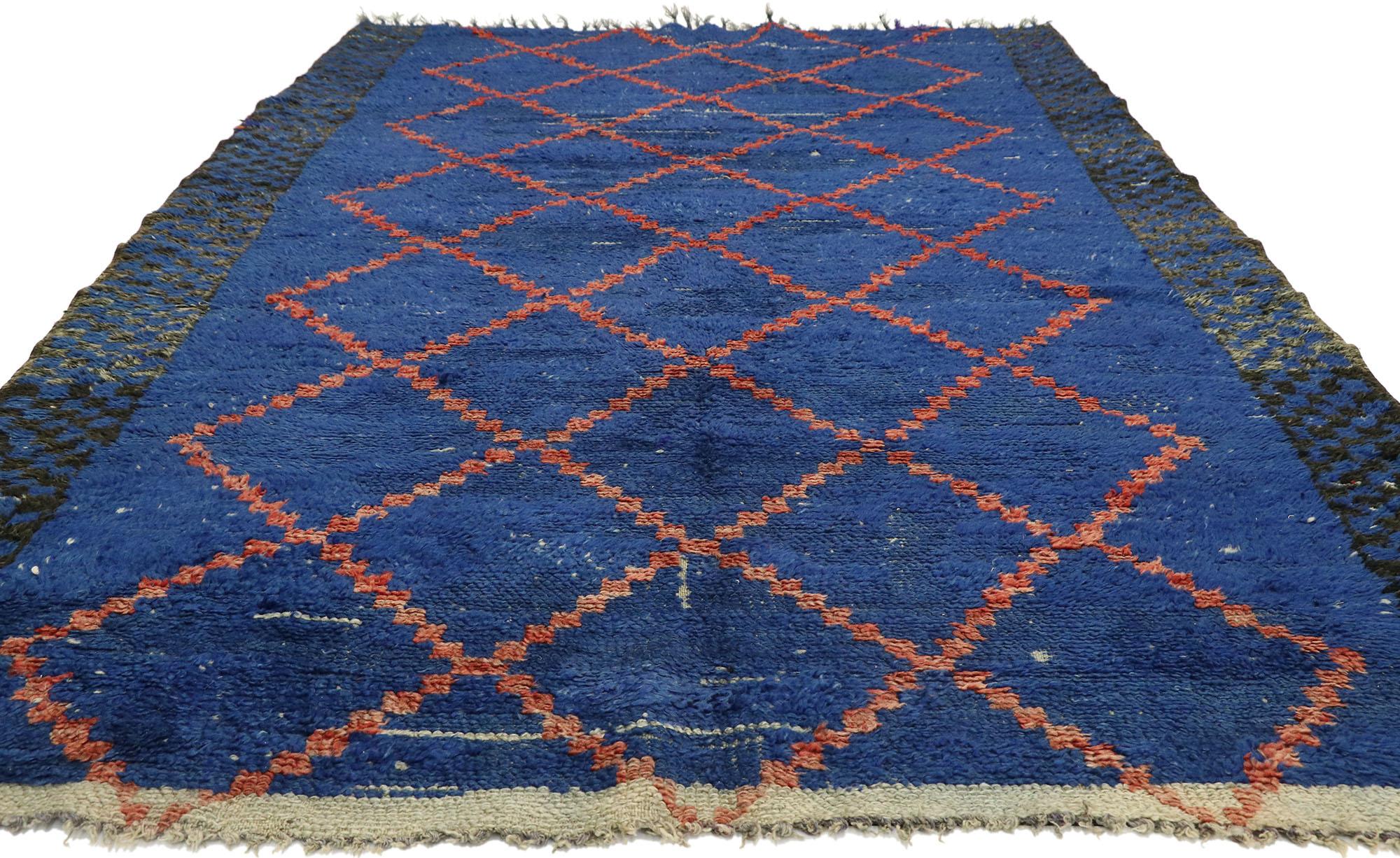 Tribal Rustic Vintage Berber Blue Moroccan Rug For Sale