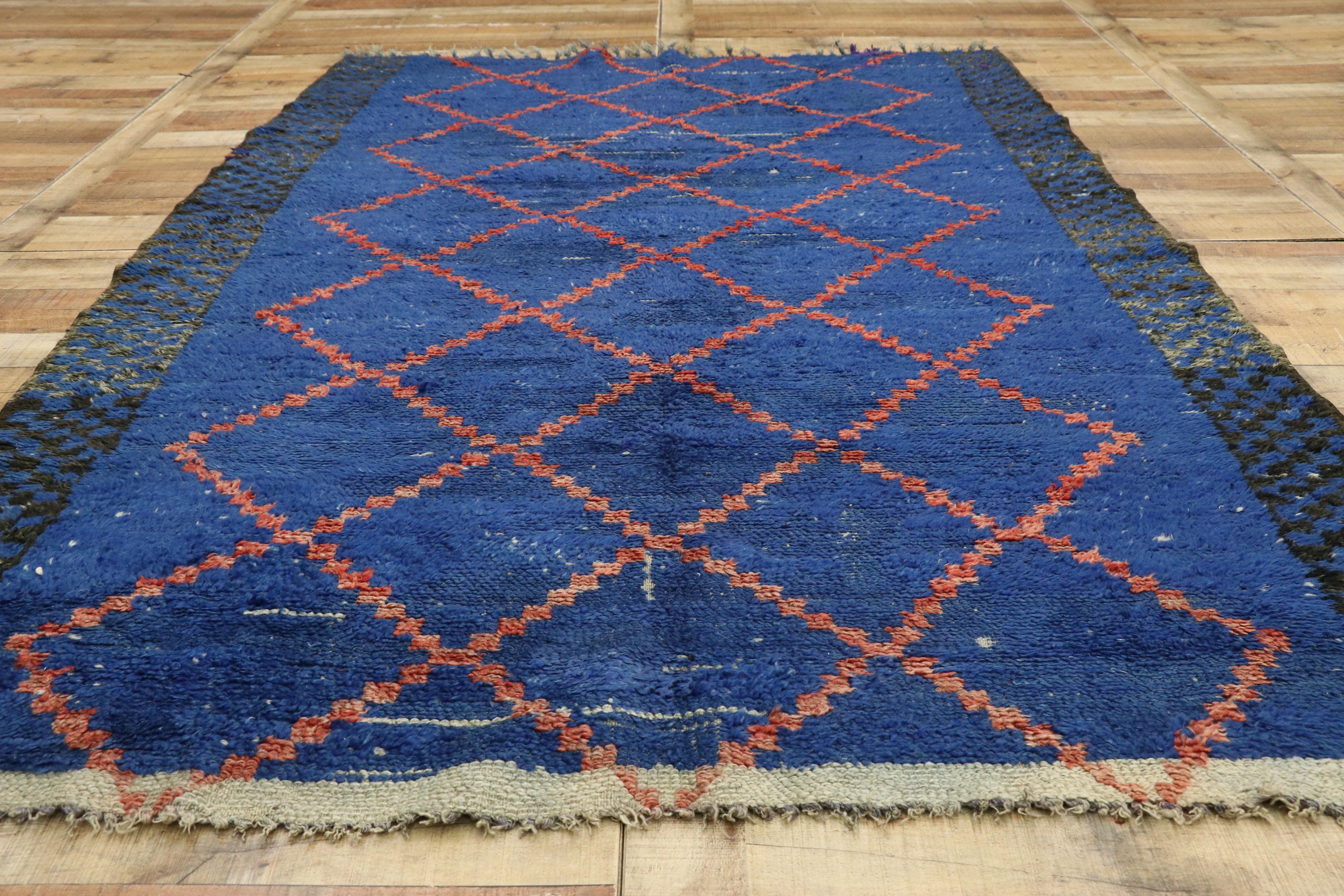 Wool Rustic Vintage Berber Blue Moroccan Rug For Sale