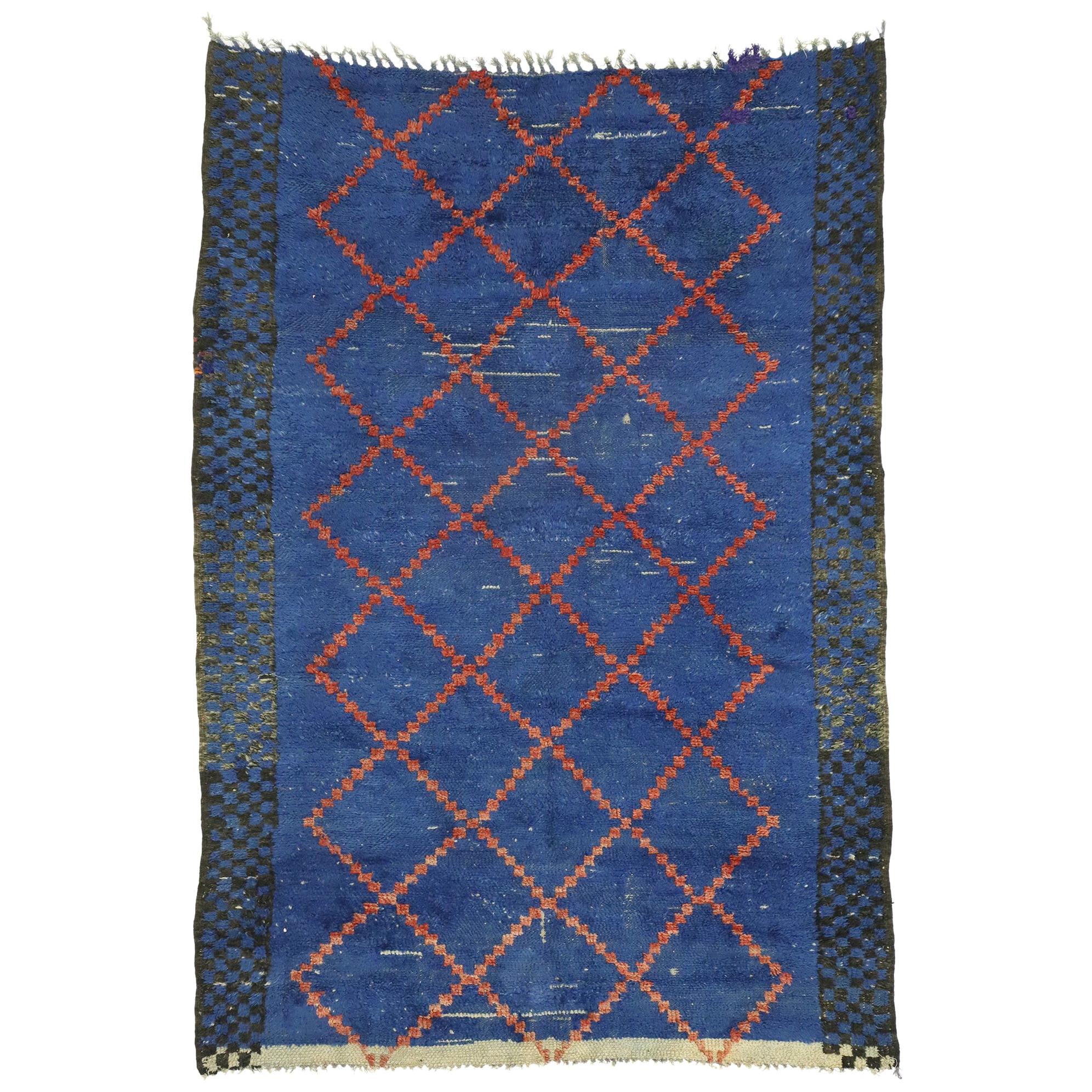 Rustic Vintage Berber Blue Moroccan Rug For Sale